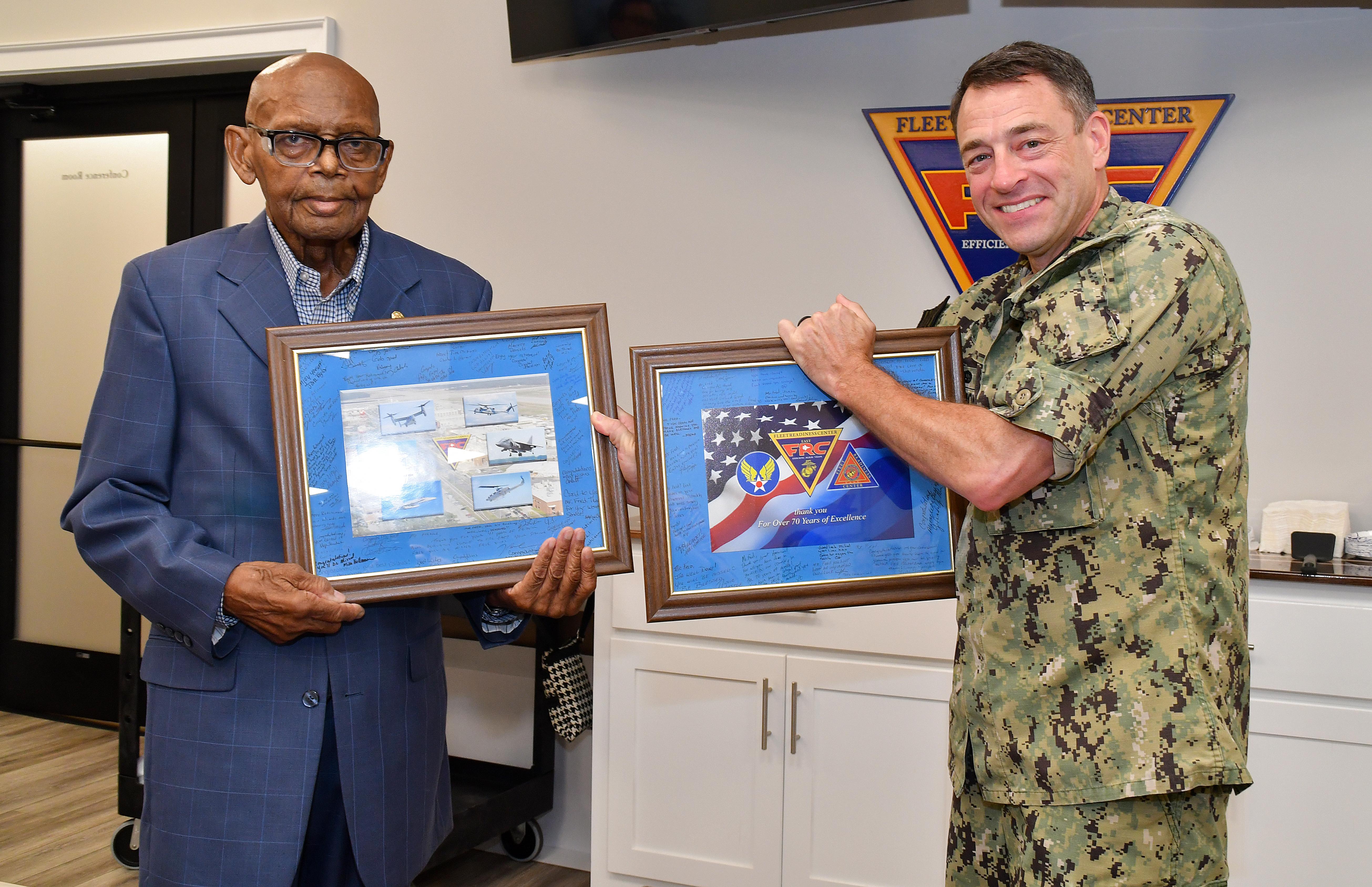 Fleet Readiness Center East (FRCE) Commanding Officer Capt. James M. Belmont recognized Freddie Dawkins, a pneudraulics systems mechanic at the depot, during a retirement ceremony honoring Dawkins’ 70 years of combined military and civilian service.