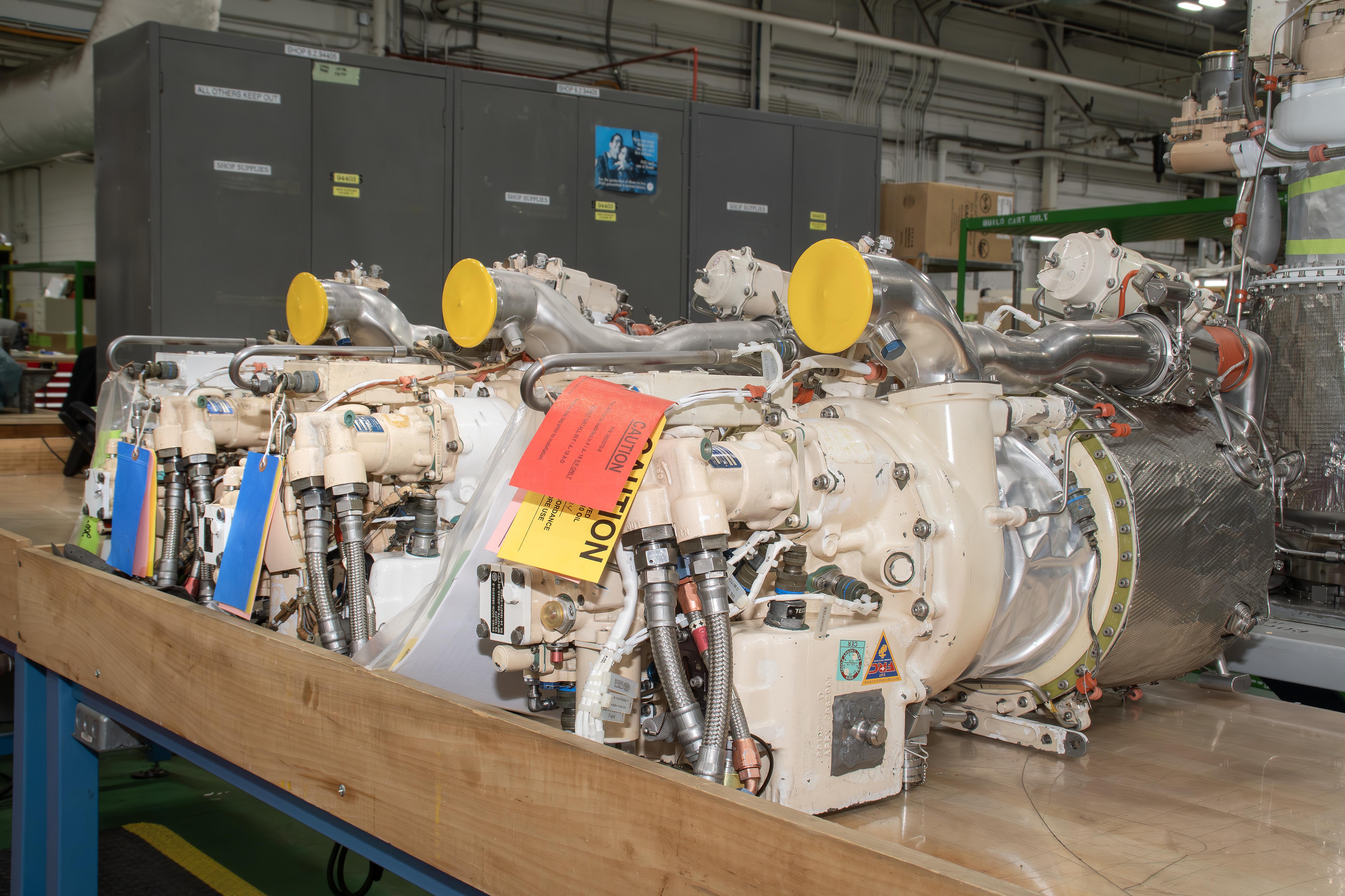 Freshly overhauled auxiliary power units for the F/A-18E/F Super Hornet await shipping at Fleet Readiness Center East (FRCE). FRCE recently achieved a significant production milestone by eliminating high-priority backorders for auxiliary power units used in the Super Hornet, bolstering the platform’s mission readiness. 