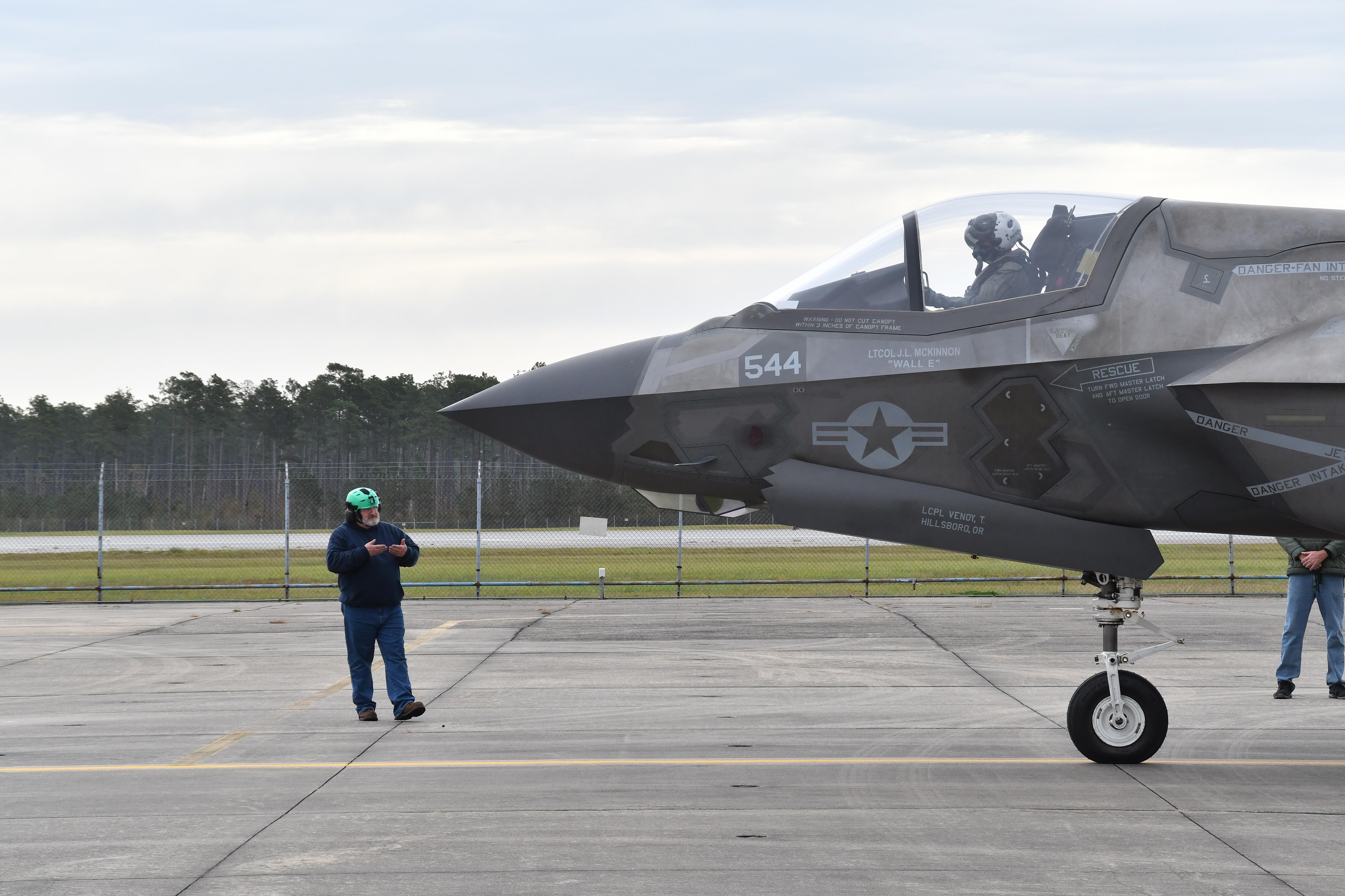 An F-35 Lightning II begins a functional check flight inspection at Marine Corps Air Station Cherry Point. This aircraft is the 150th fifth-generation fighter inducted by Fleet Readiness Center East (FRCE). FRCE is the lead site for depot-level maintenance on the F-35B Lightning II and has conducted modifications and repair on the Marine Corps’ short takeoff-vertical landing variant of the aircraft since 2013.