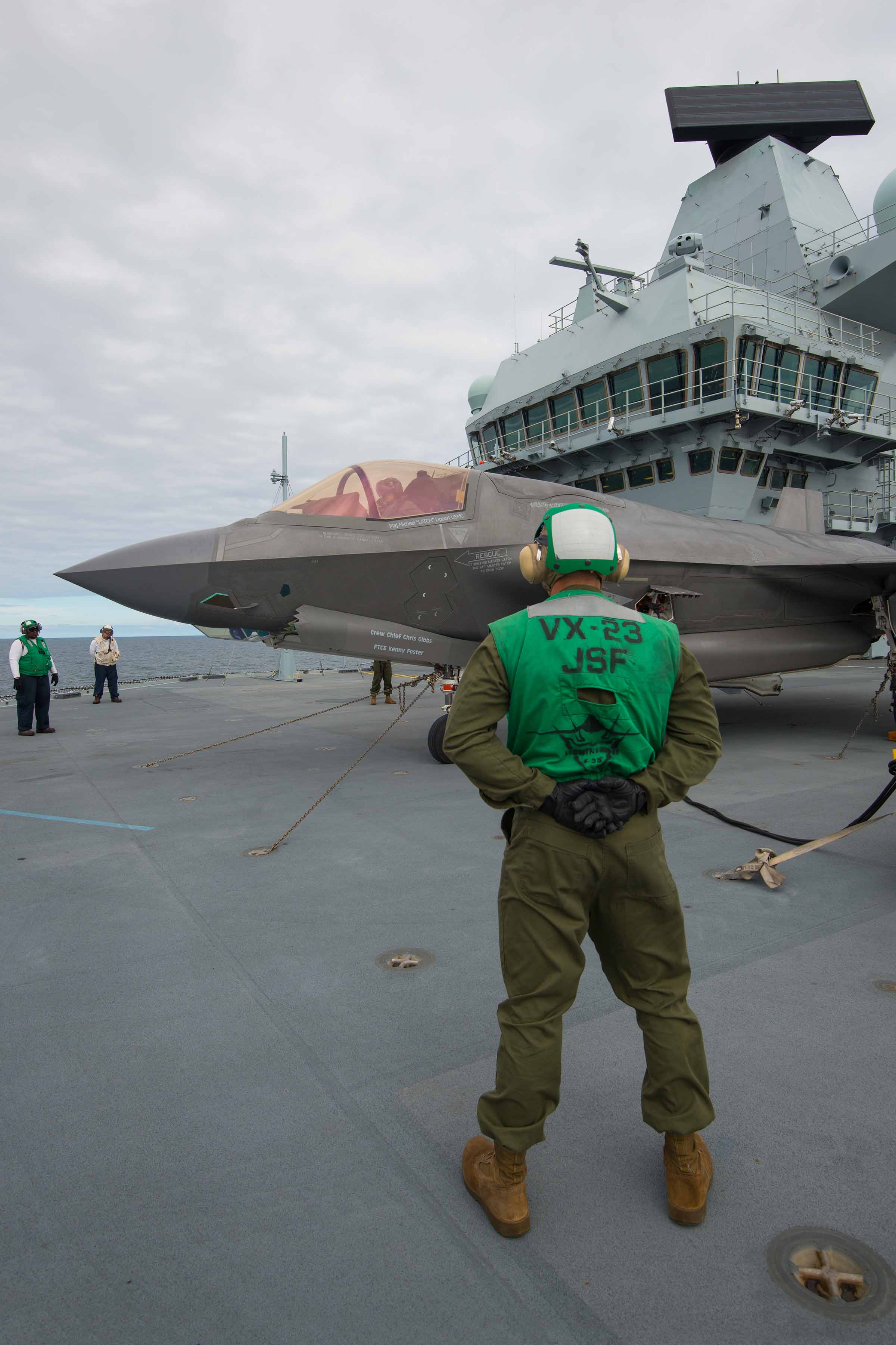 The F-35 Pax River Integrated Test Force embarked on HMS Queen Elizabeth (R08), September through November, to carry out phases one and two of first of class flight trials (fixed wing) testing. US Navy photo