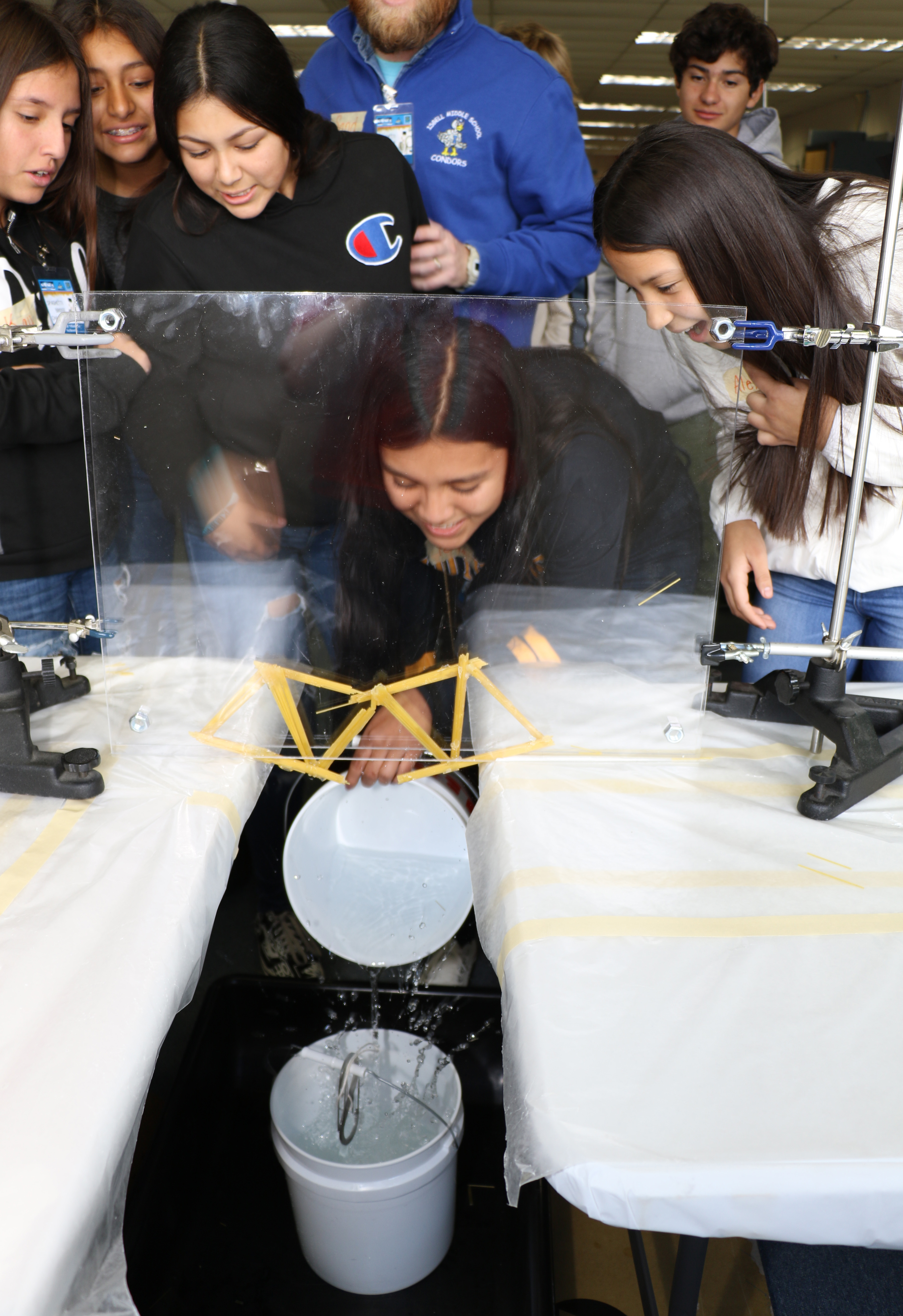 students react as spaghetti bridge breaks