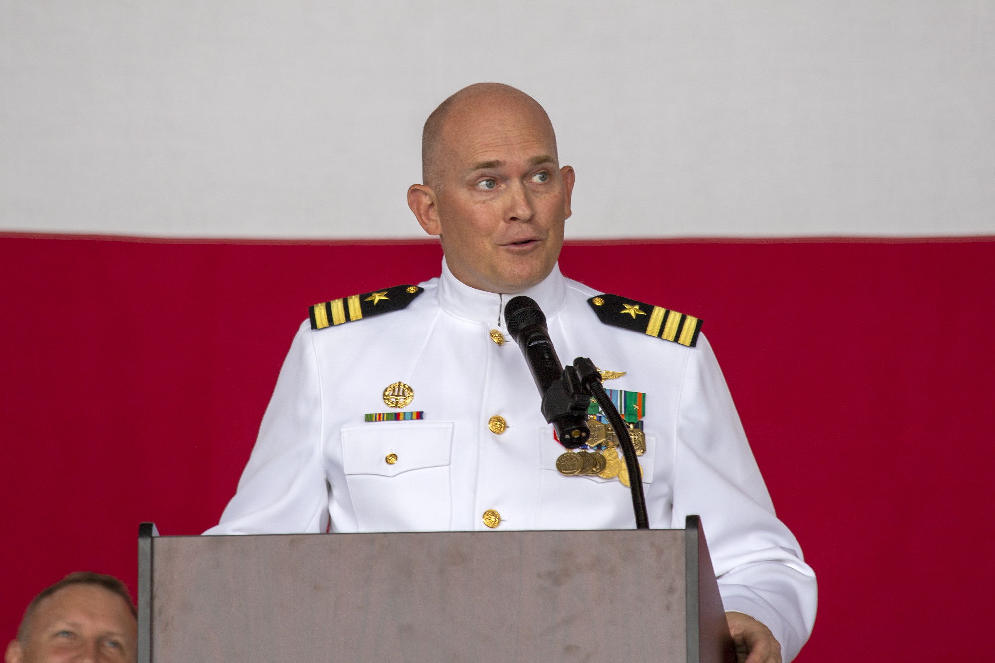 Cmdr. Paul Meyer speaks during his change of command ceremony