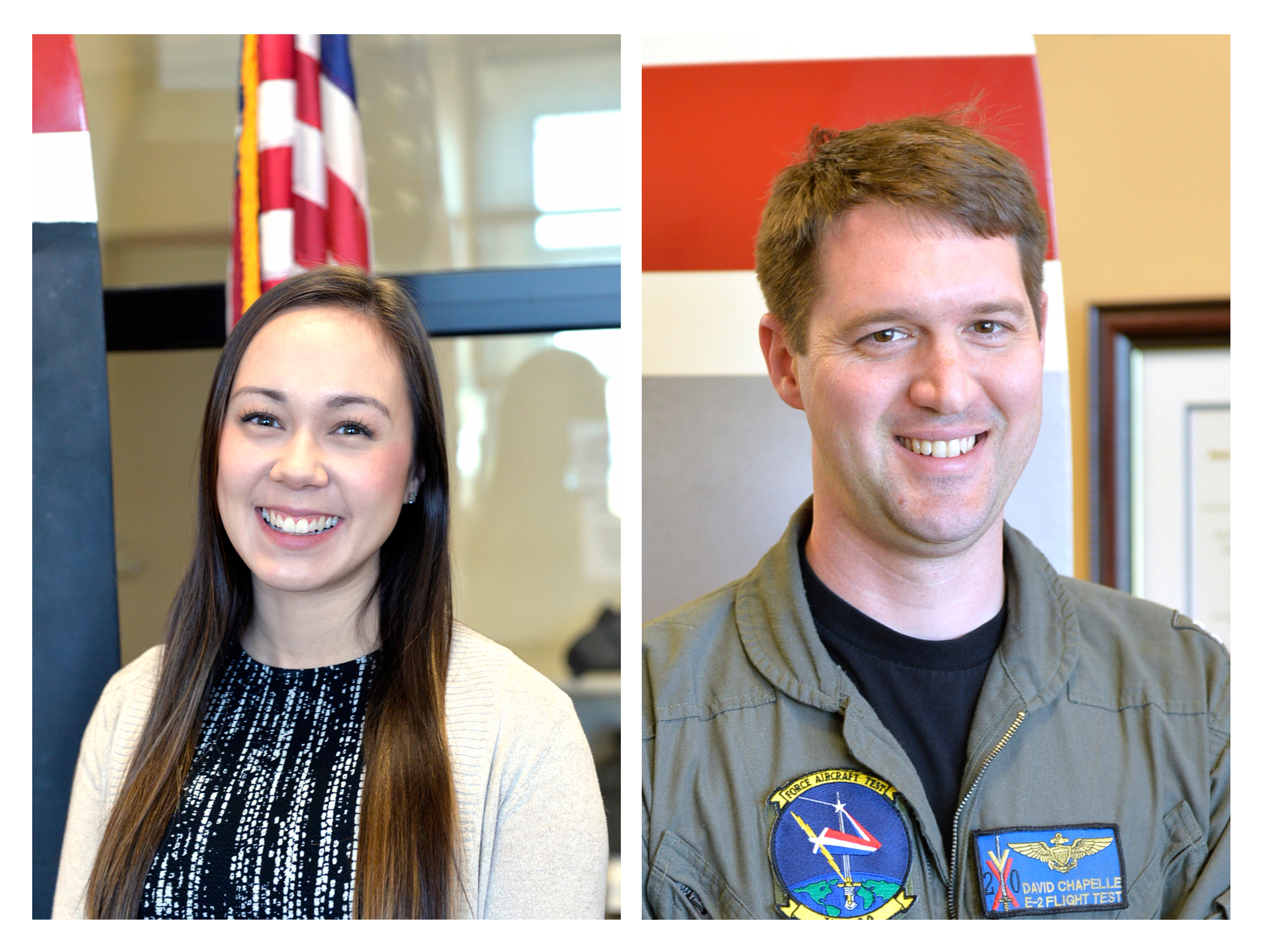 VX-20 team lead Audrey Keller, left, and lead project officer Lt. David “Sling Blade” Chapelle shared the honors with the other members of the E-2D Aerial Refueling Integrated Test Team, which received a NAWCAD Commander’s Team Award for 2019.