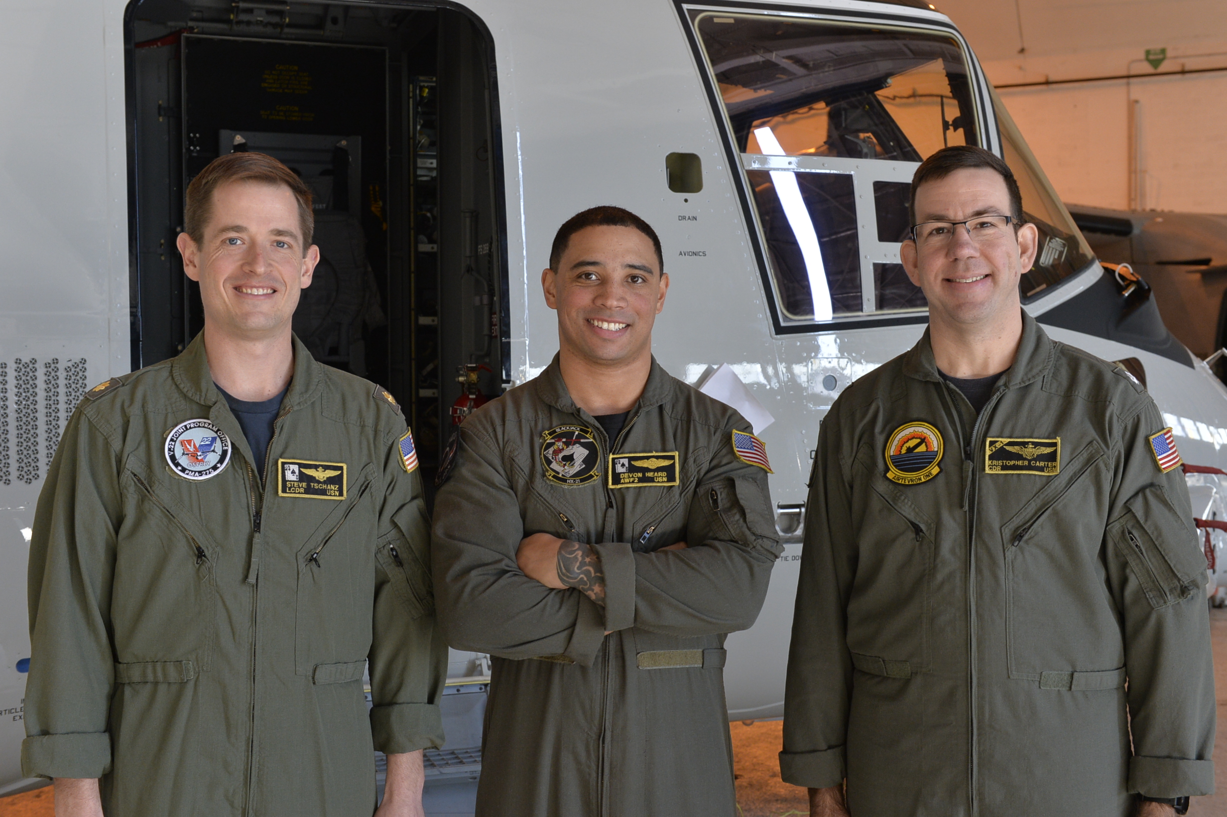 LCDR Steve “Sanchez” Tschanz, left, Naval Aircrewman (Mechanical) 1st Class Devon Heard, and CDR Kristopher “Junk” Carter crewed the first cross-country flight of the Navy’s new Carrier Onboard Delivery (COD) variant of the V-22 Osprey from Amarillo, Texas, to NAS Patuxent River in February.