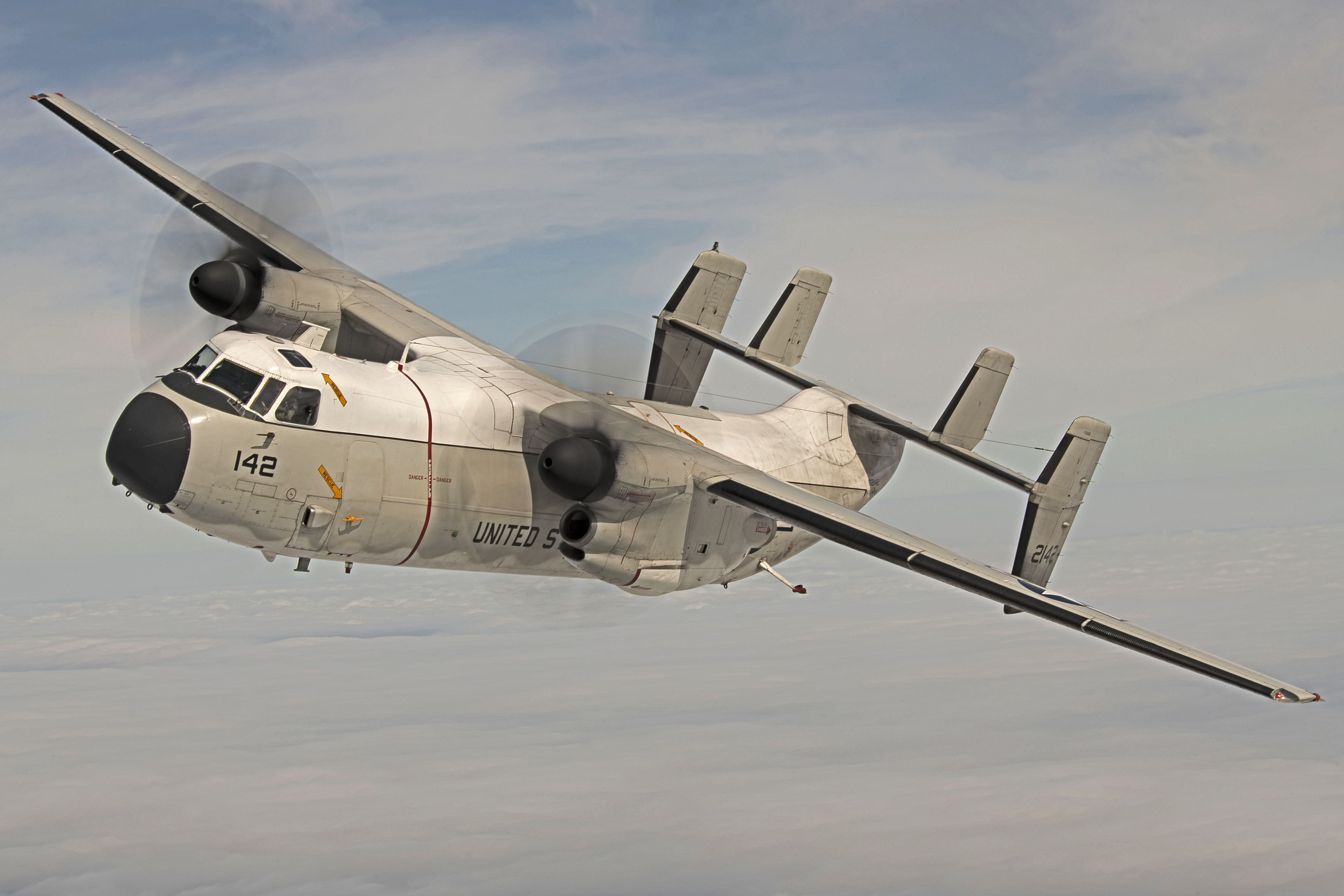 VX-20’s C-2A Greyhound, BuNo 162142, is shown on its last flight, which took place last month. “It’s one of those airplanes that you can just count on,” said CDR Matthew “Cupcake” Tharp, VX-20’s commanding officer. “When we needed it, it came through for us.” (U.S. Navy photo by Erik Hildebrandt)