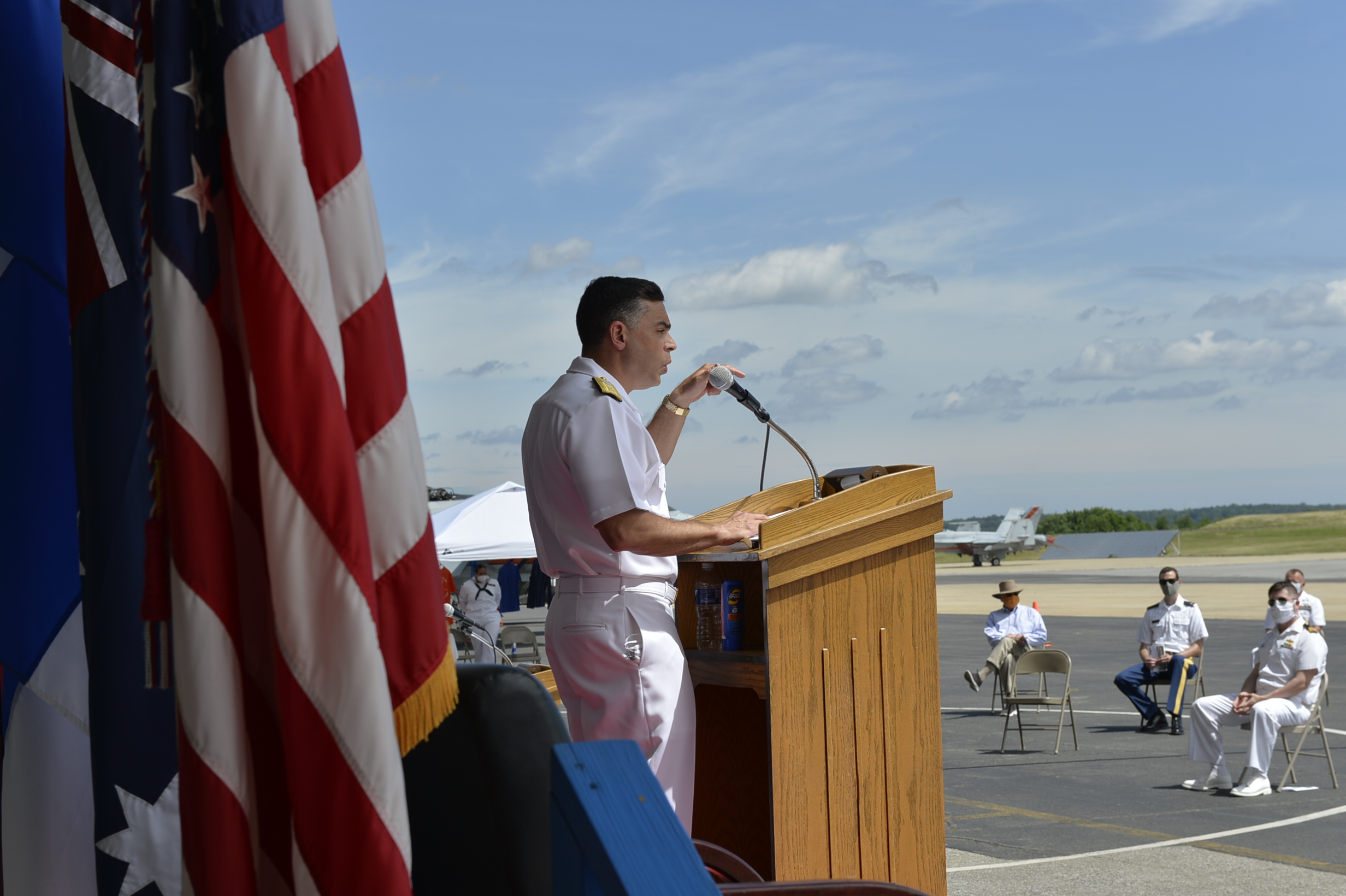 Rear Adm. John S. Lemmon, Commander of the Naval Air Warfare Center Aircraft Division and Assistant Commander for Research and Engineering at Naval Air Systems Command, offers remarks during a graduation ceremony for U.S. Naval Test Pilot School Class 157 June 5, 2020 at NAS Patuxent River. (U.S. Navy photo)