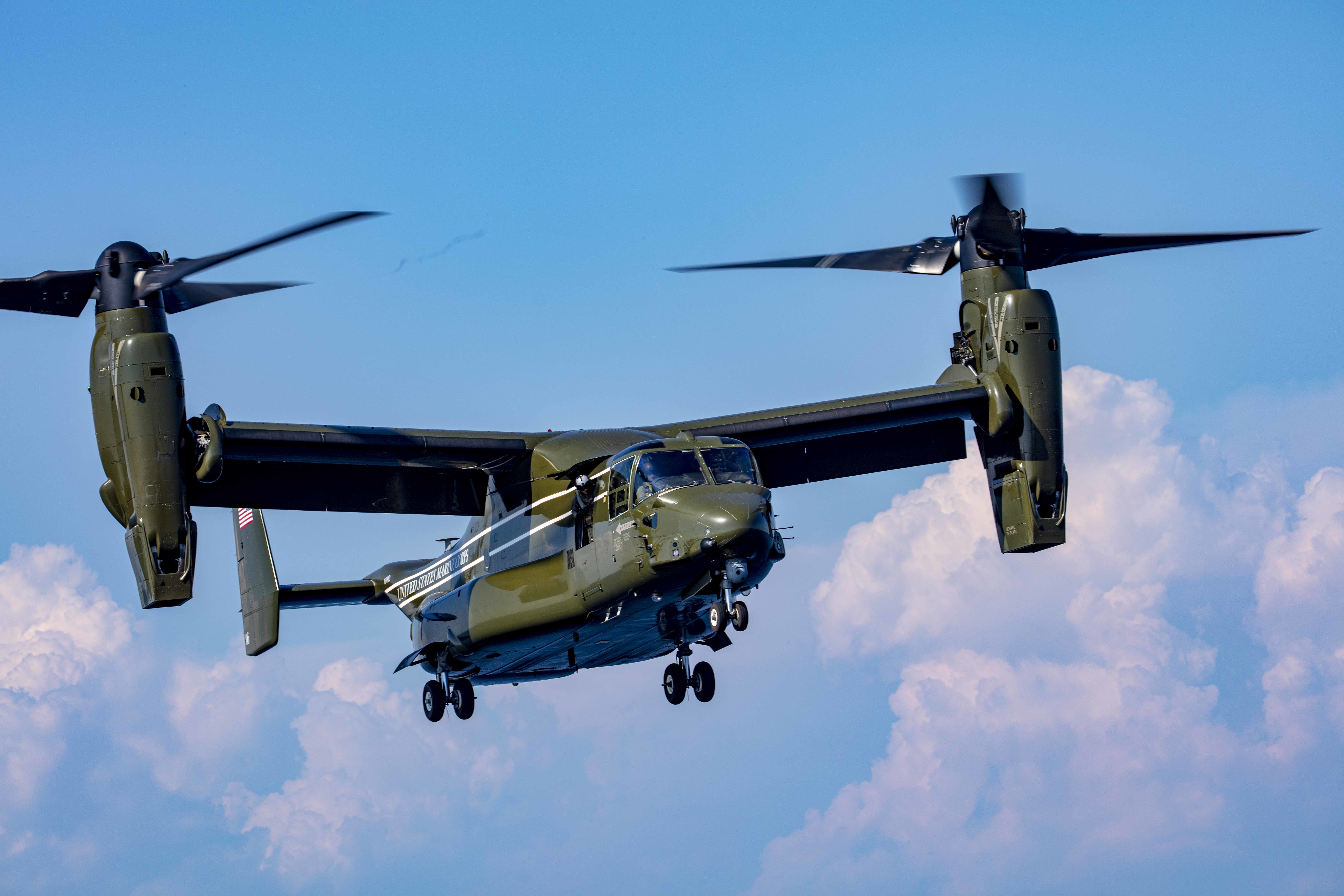 An MV-22 Osprey attached to Marine Helicopter Squadron (HMX) 1 flies near the amphibious transport dock ship USS New York (LPD 21) on July 14, 2020. (U.S. Navy photo by Mass Communication Specialist 2nd Class Lyle Wilkie/Released)