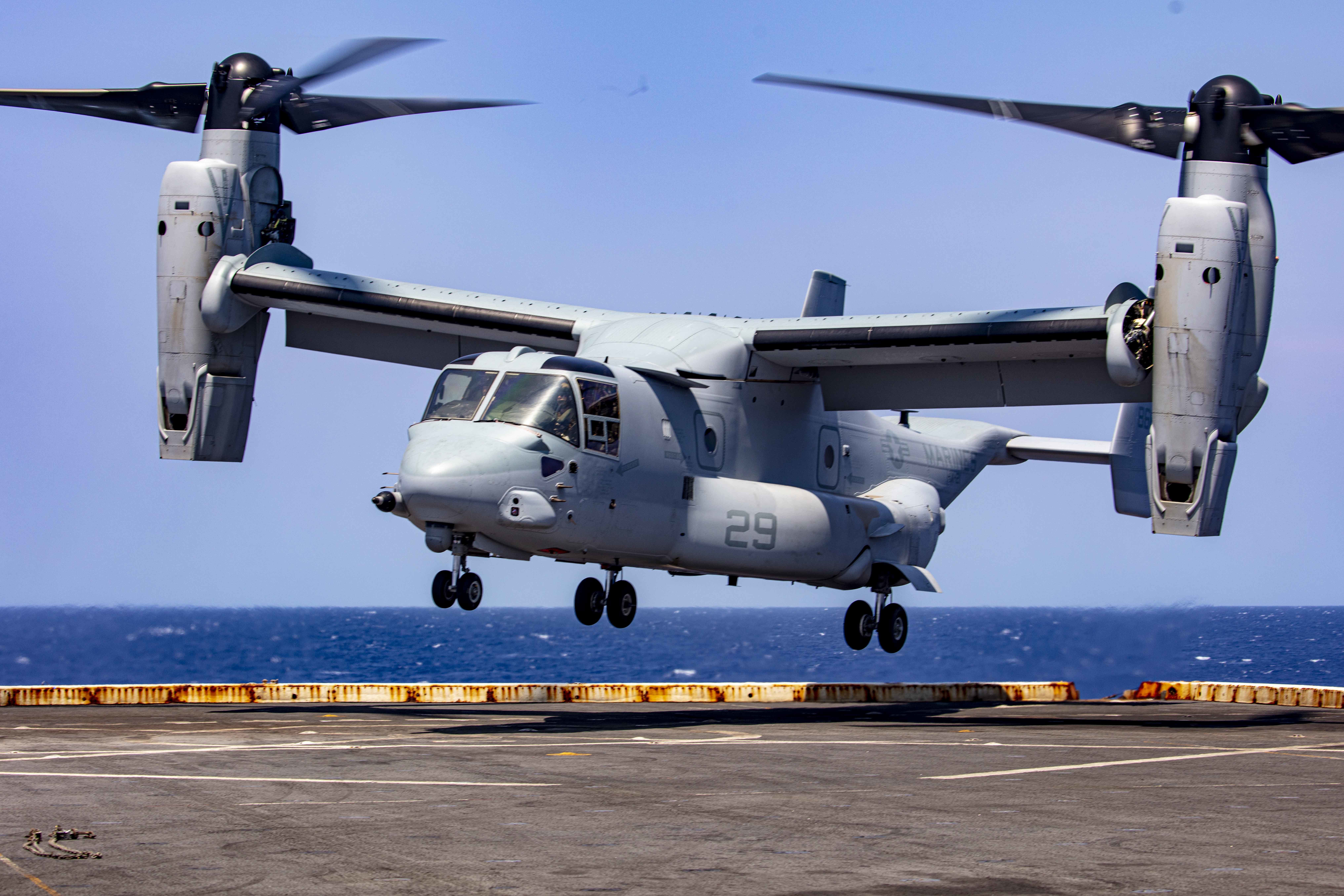 An MV-22 Osprey attached to the Blackjacks of Air Test and Evaluation Squadron (HX) 21 lands on the flight deck of the amphibious transport dock ship USS New York (LPD 21) on July 20, 2020. (U.S. Navy photo by Mass Communication Specialist 2nd Class Lyle Wilkie/Released)