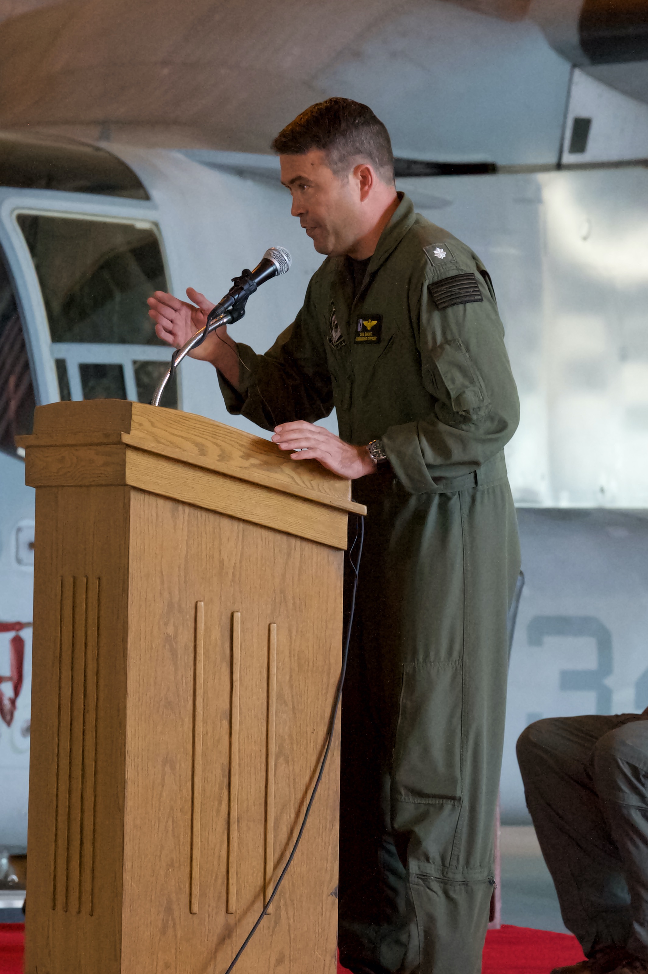 Cmdr. Daniel Short delivers remarks during the change of command ceremony for Air Test and Evaluation Squadron (HX) 21 on Oct. 9, 2020. Short, who previously served as HX-21’s chief test pilot, assumed command of the squadron from Lt. Col. John Ennis. (U.S. Navy photo by Paul Lagasse)