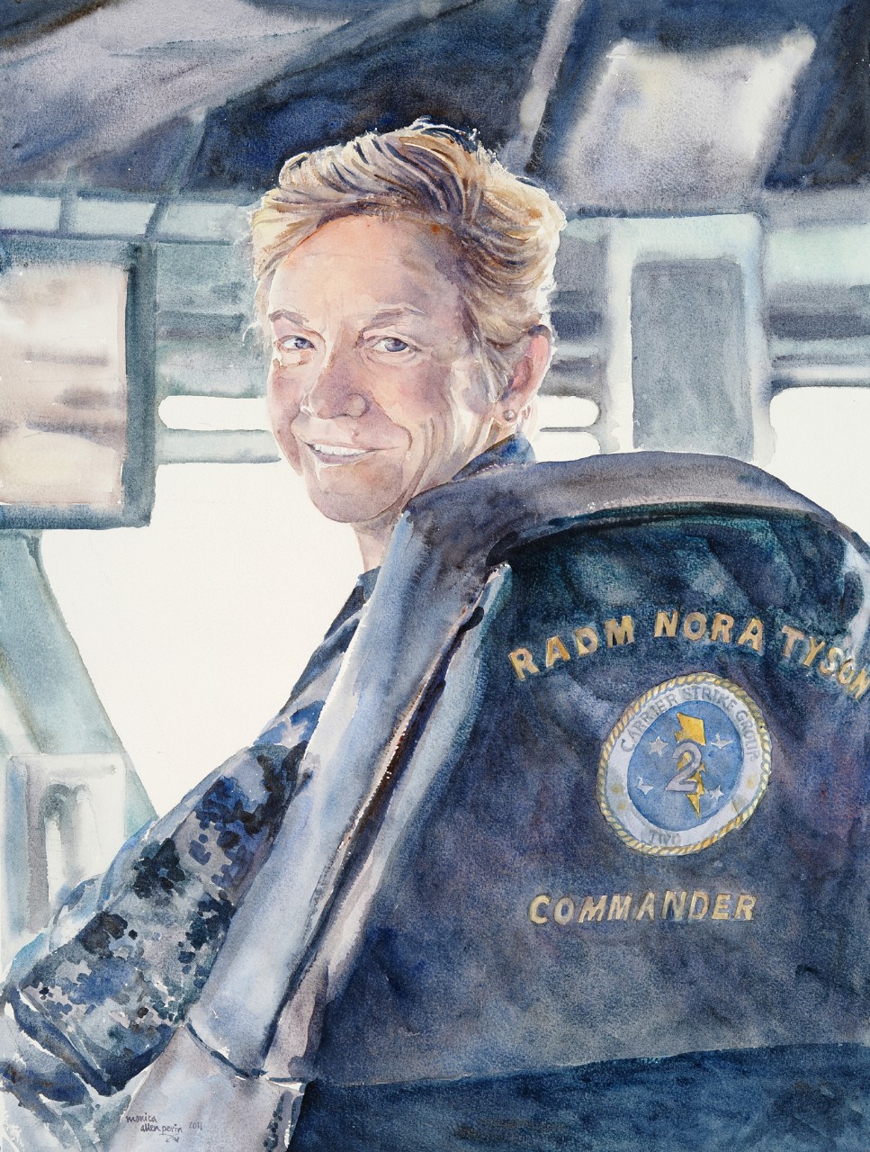 Painting of a woman naval admiral sitting in a a captain's chair on a ship