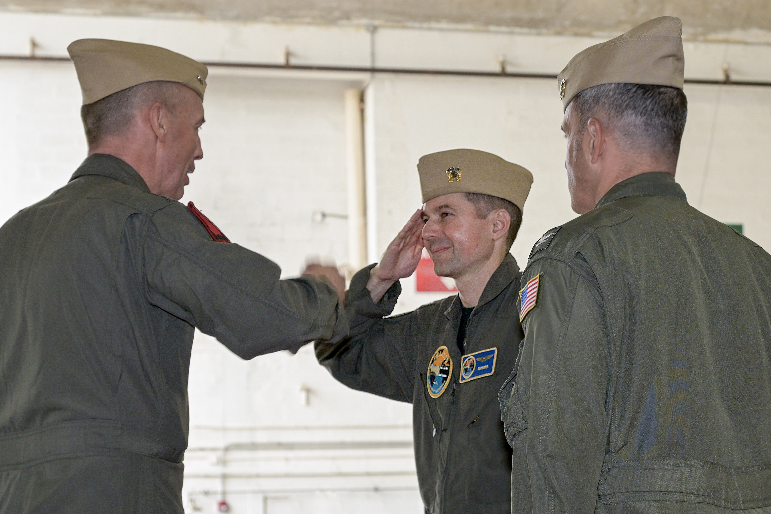 Rear Adm. Joseph Hornbuckle, Capt. Rob Smith, Capt. Jarrod Hair at PMA-209 change of command ceremony