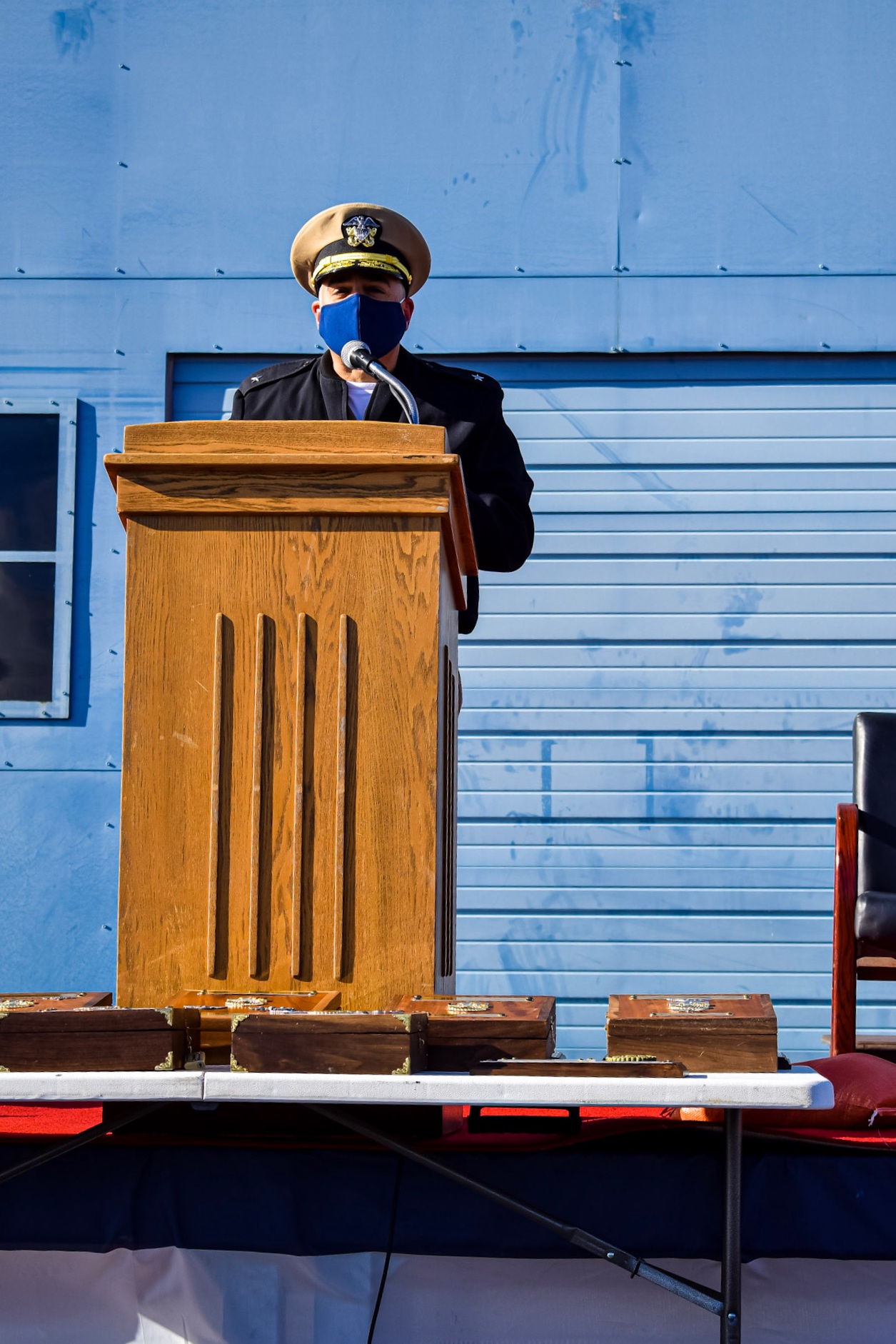 Rear Adm. John S. Lemmon, Commander, Naval Air Warfare Center Aircraft Division, offers remarks to the six Naval Test Wing Atlantic (NTWL) Sailors and one Marine who became the wing's newest chief petty officers during a chief petty officer (CPO) pinning ceremony hosted by the U.S. Naval Test Pilot School at Naval Air Station Patuxent River on Jan. 29, 2021.