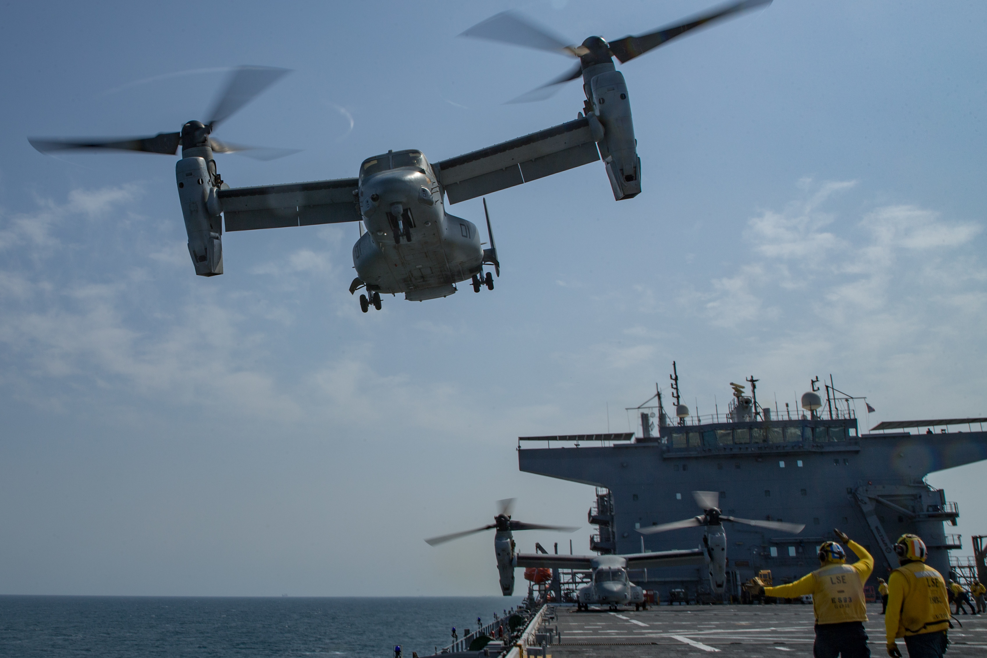 MV-22 Osprey takes off from the flight deck of expeditionary sea base USS Lewis B. Puller