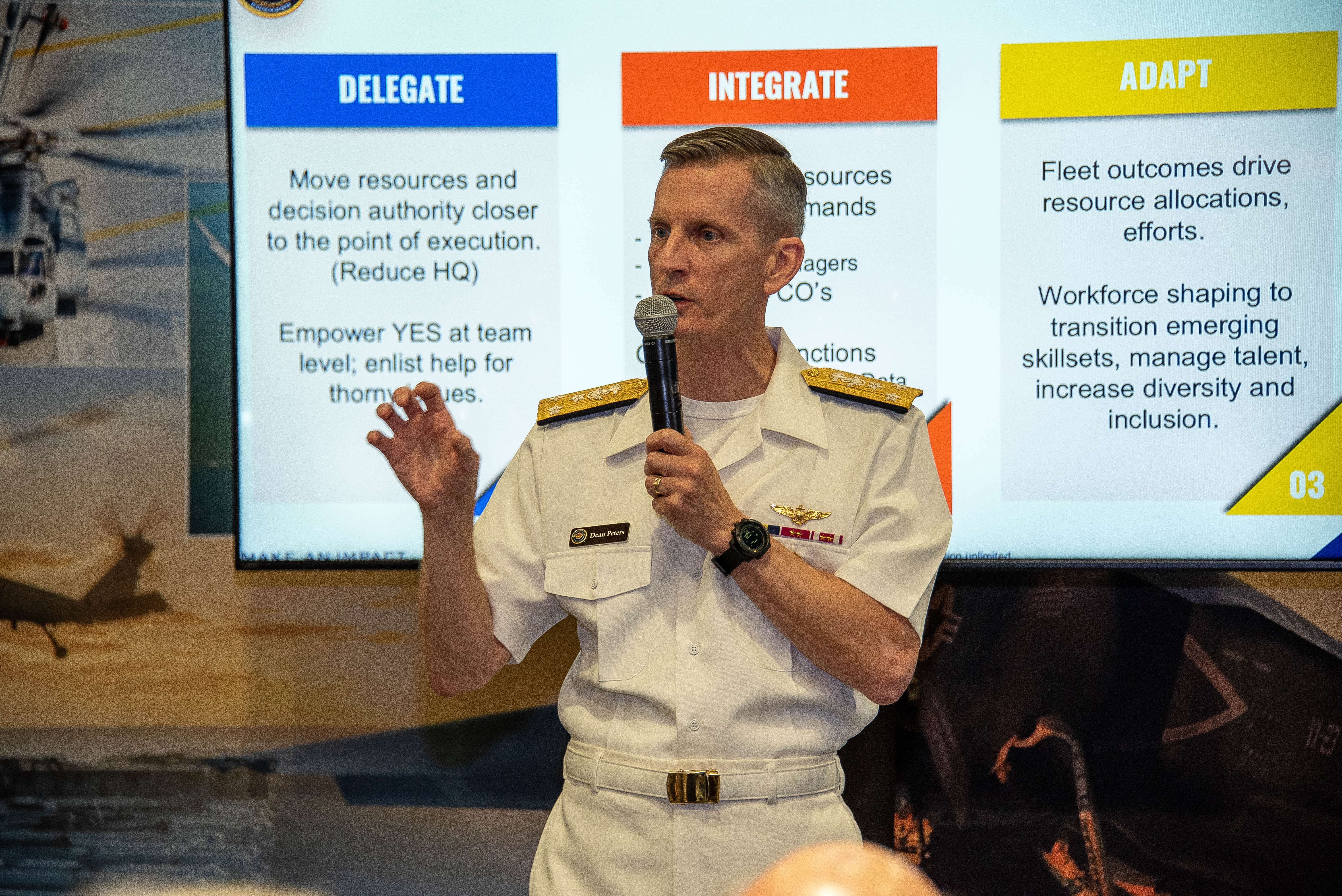 Vice Admiral Dean Peters speaks at Sea Air Space