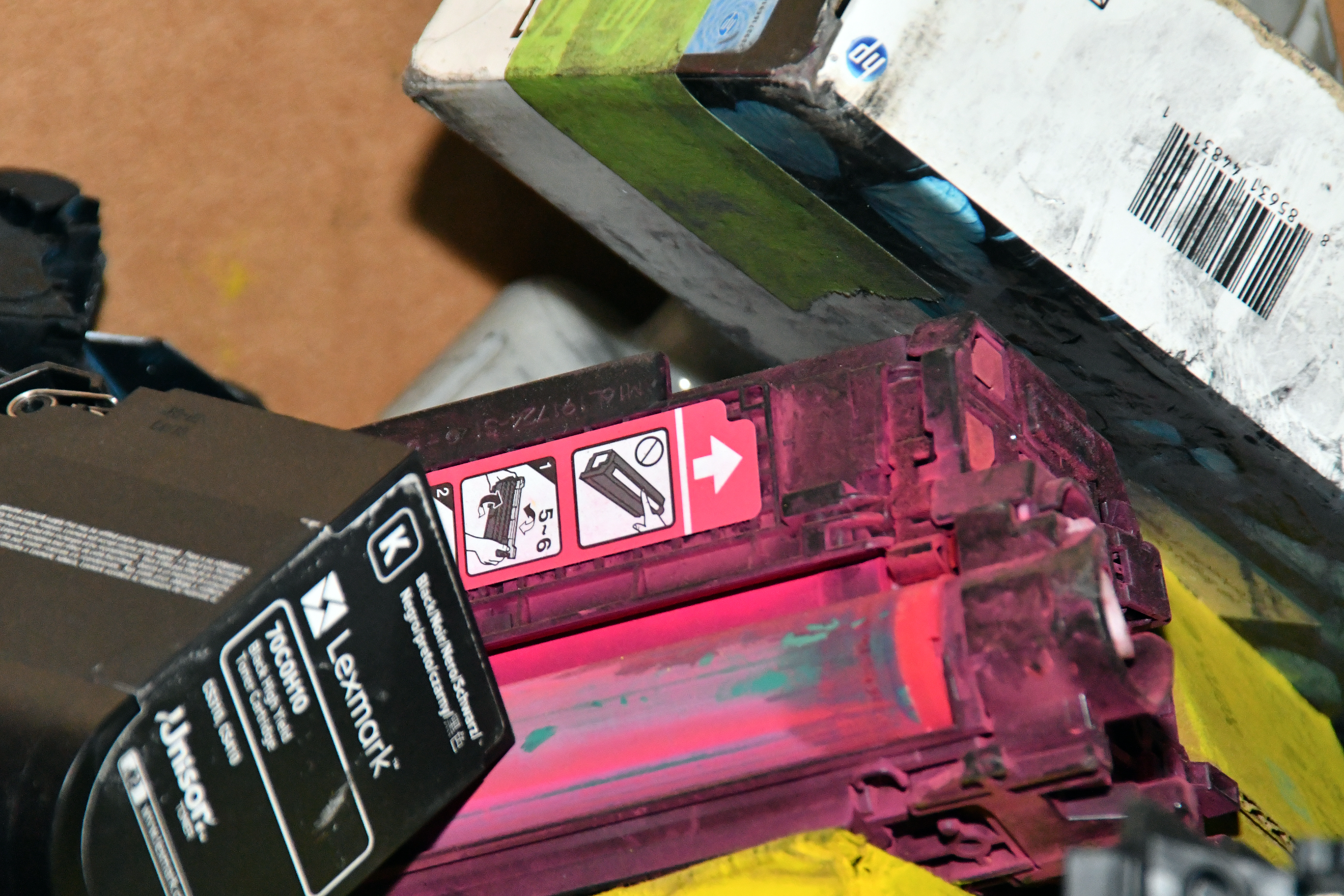 Printer cartridges await recycling after being separated in a bin at Fleet Readiness Center East (FRCE). Aggressive recycling policies at the depot aided the FRCE in increasing its landfill diversion rate to 61% in 2021. This means that 61% of the solid waste generated at FRCE was put toward renewable resources, including recycling. 