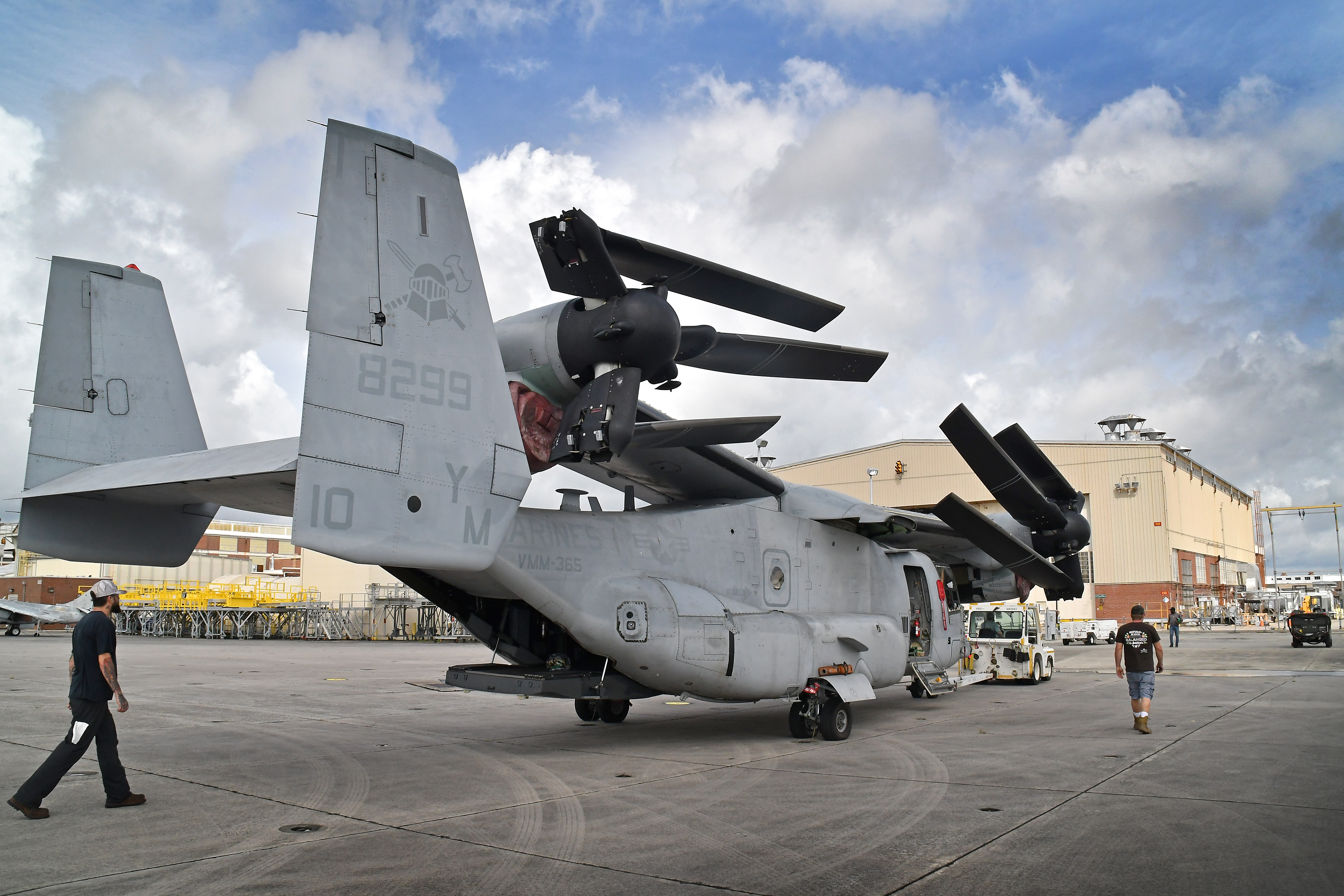 Fleet Readiness Center East (FRCE) artisans transport an MV-22 Osprey in preparation for “ground turn” which is an essential operational test of all of the aircraft’s systems and components. This is one of the last major steps that must be accomplished before this aircraft can be determined to be “Safe for Flight.”