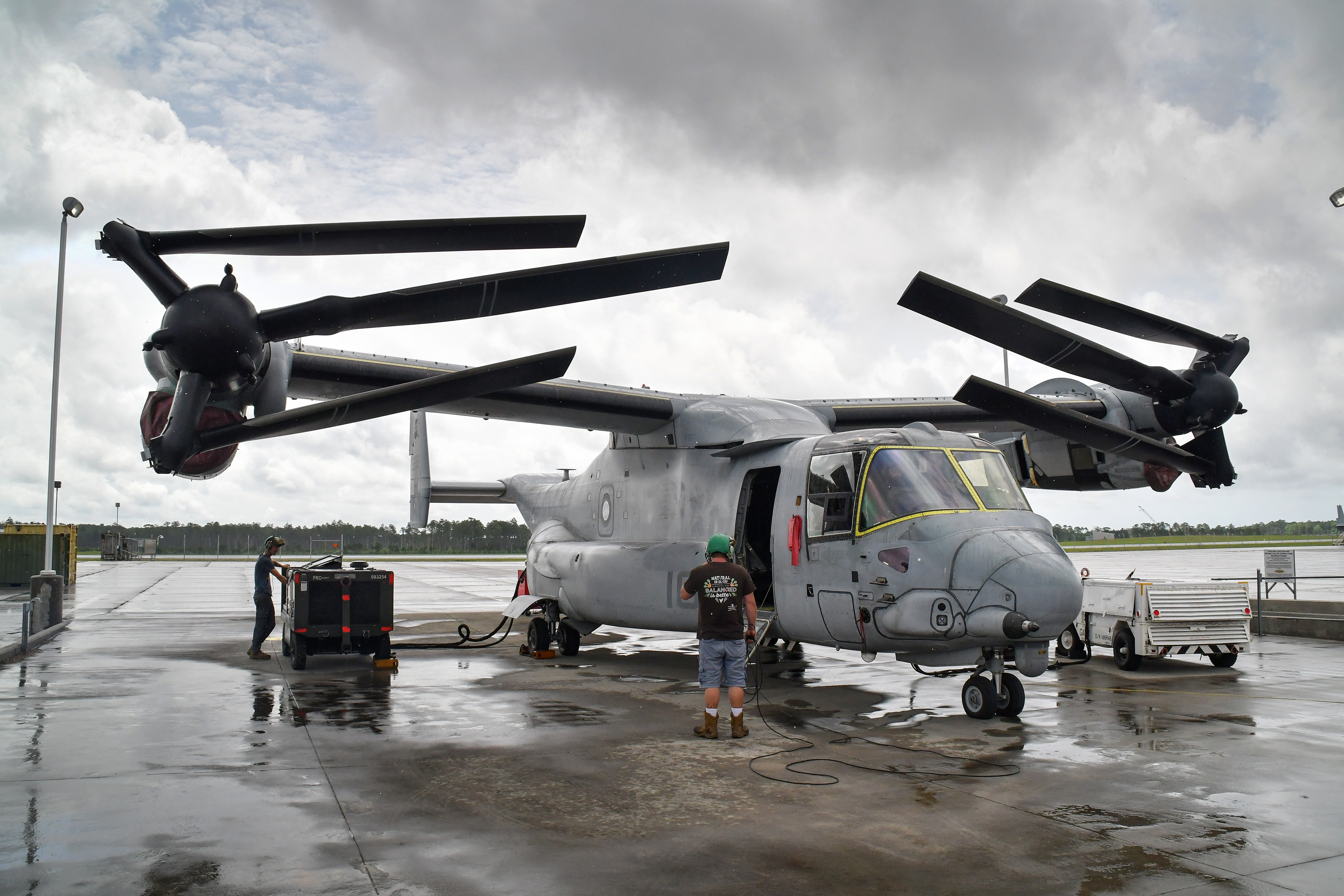 Fleet Readiness Center East (FRCE) artisans ready an MV-22 Osprey for “ground turn” which is an essential operational test of all of the aircraft’s systems and components.