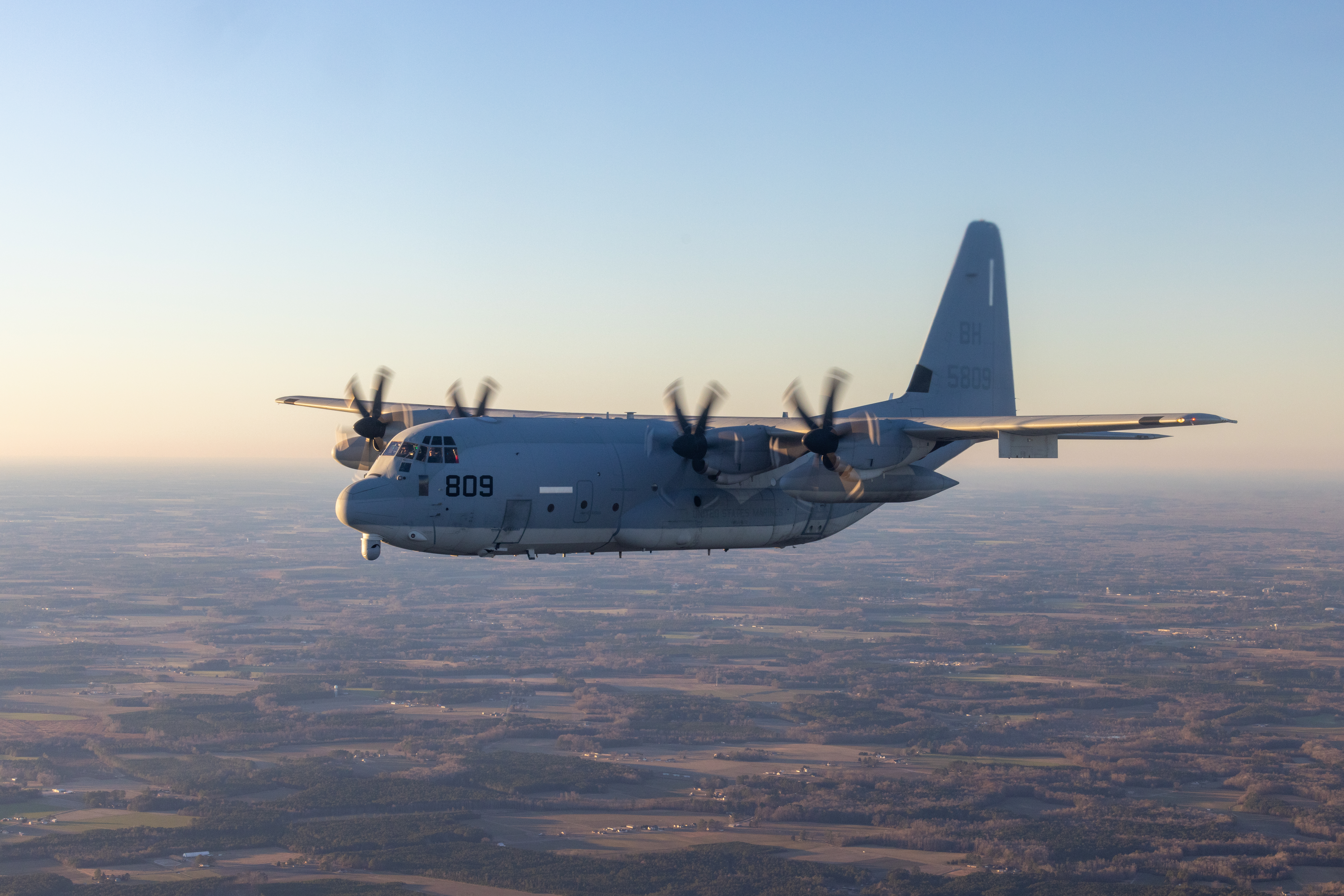 Side angle view of a KC-130J Super Hercules as it flies over Virginia