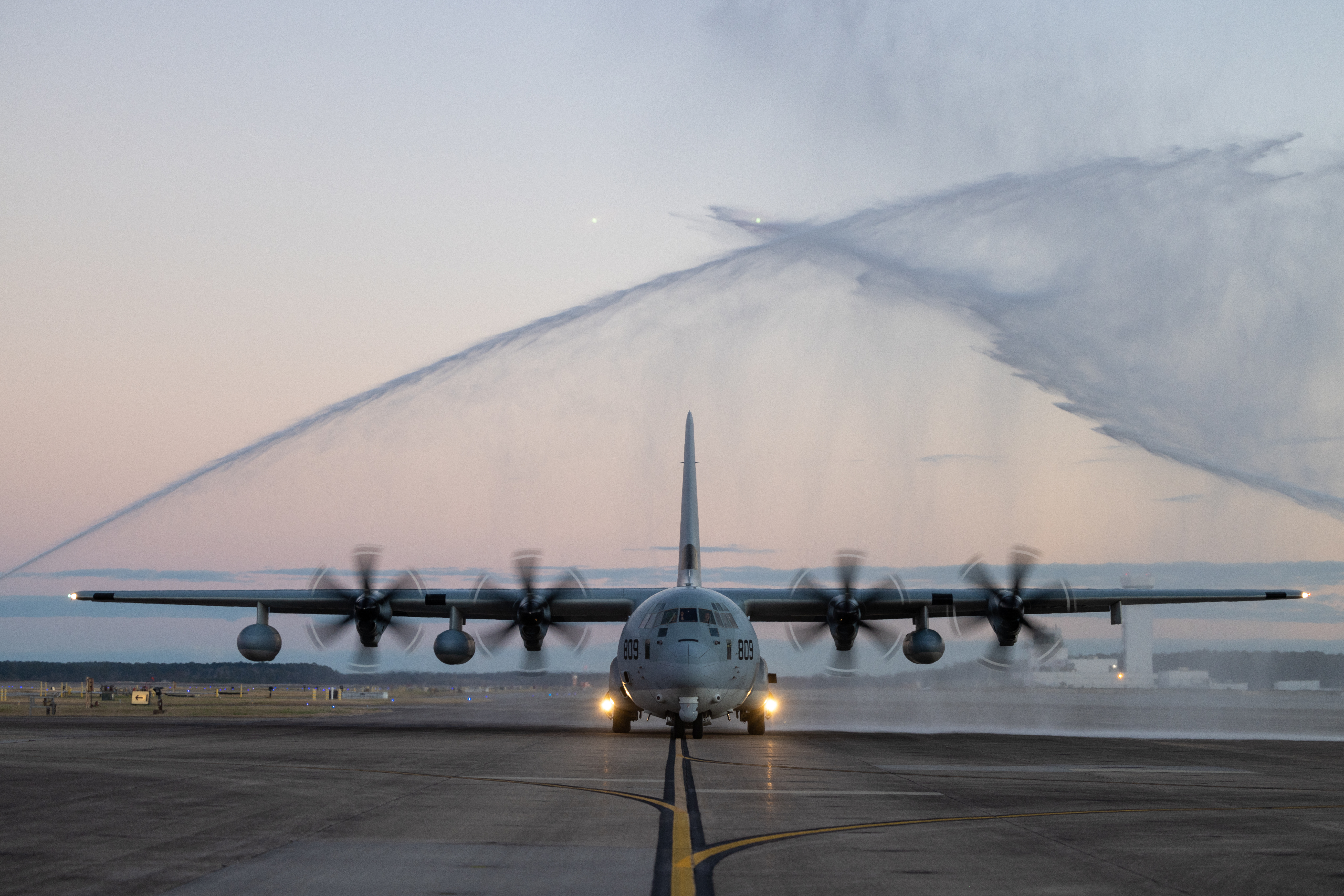 Front view of KC-130J Super Hercules as aircraft taxis down runway at Marine Corps Air Station Cherry Point, North Carolina