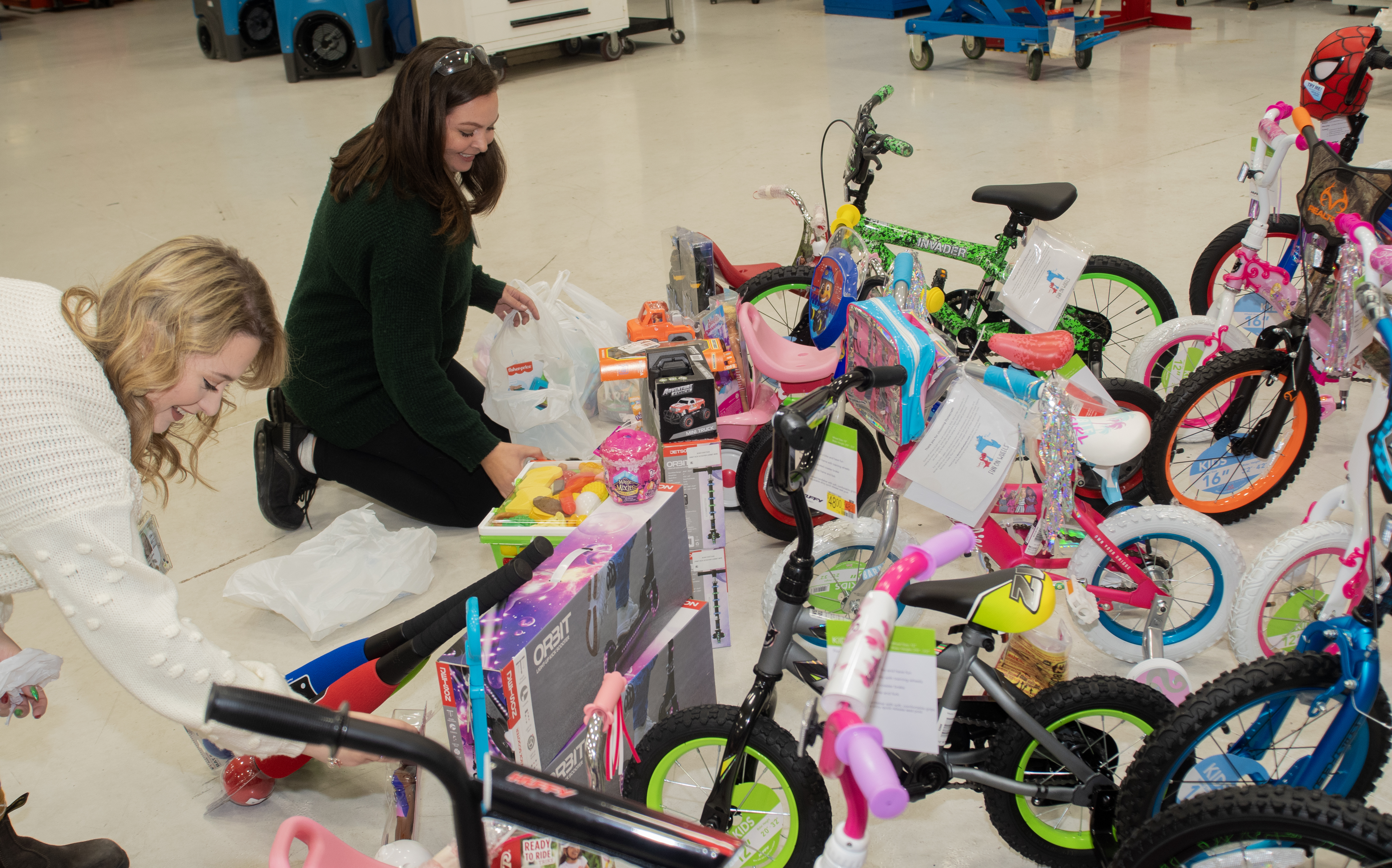 Two women organizing toys