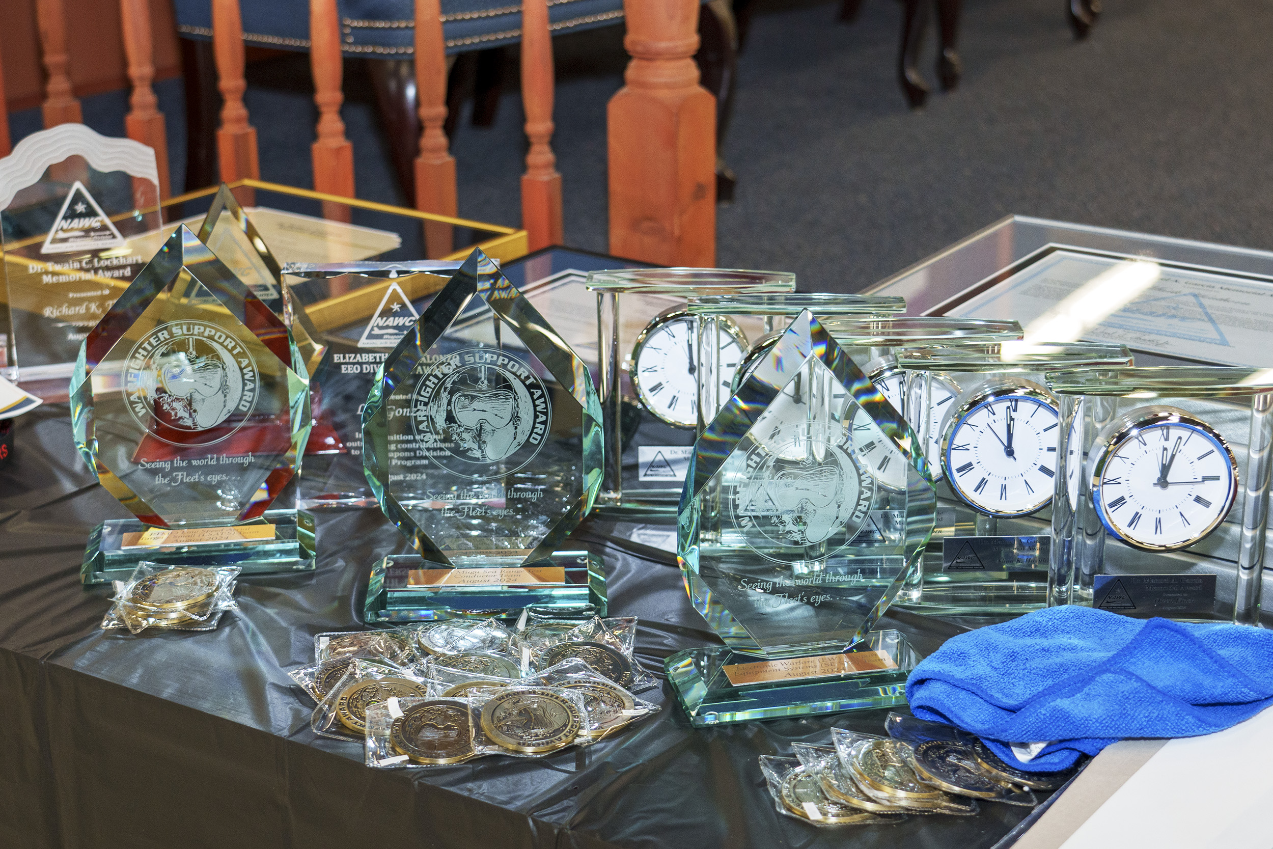 Awards arrayed on a table