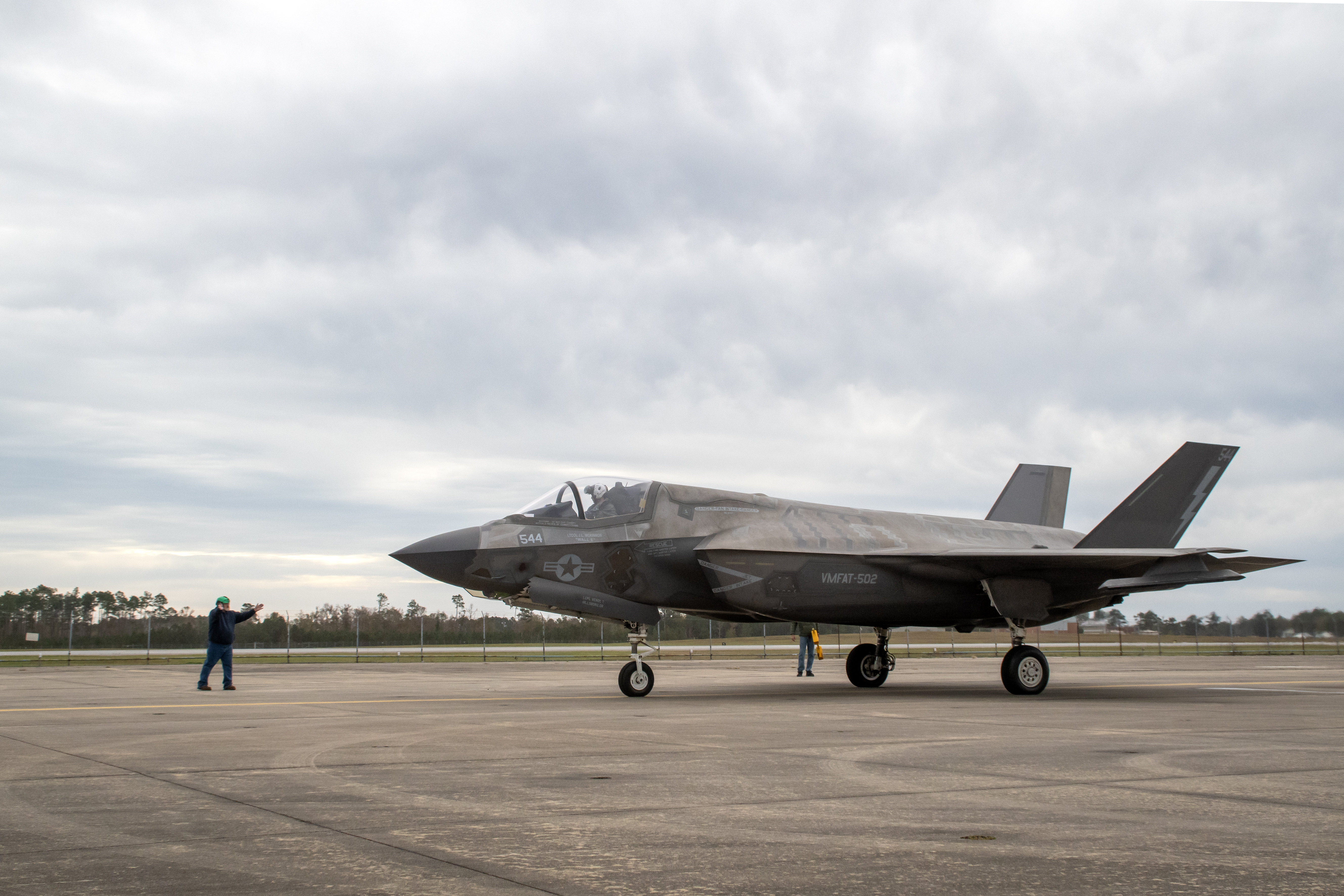 An F-35 Lightning II begins a functional check flight inspection at Marine Corps Air Station Cherry Point. This aircraft is the 150th fifth-generation fighter inducted by Fleet Readiness Center East (FRCE). FRCE is the lead site for depot-level maintenance on the F-35B Lightning II and has conducted modifications and repair on the Marine Corps’ short takeoff-vertical landing variant of the aircraft since 2013. 