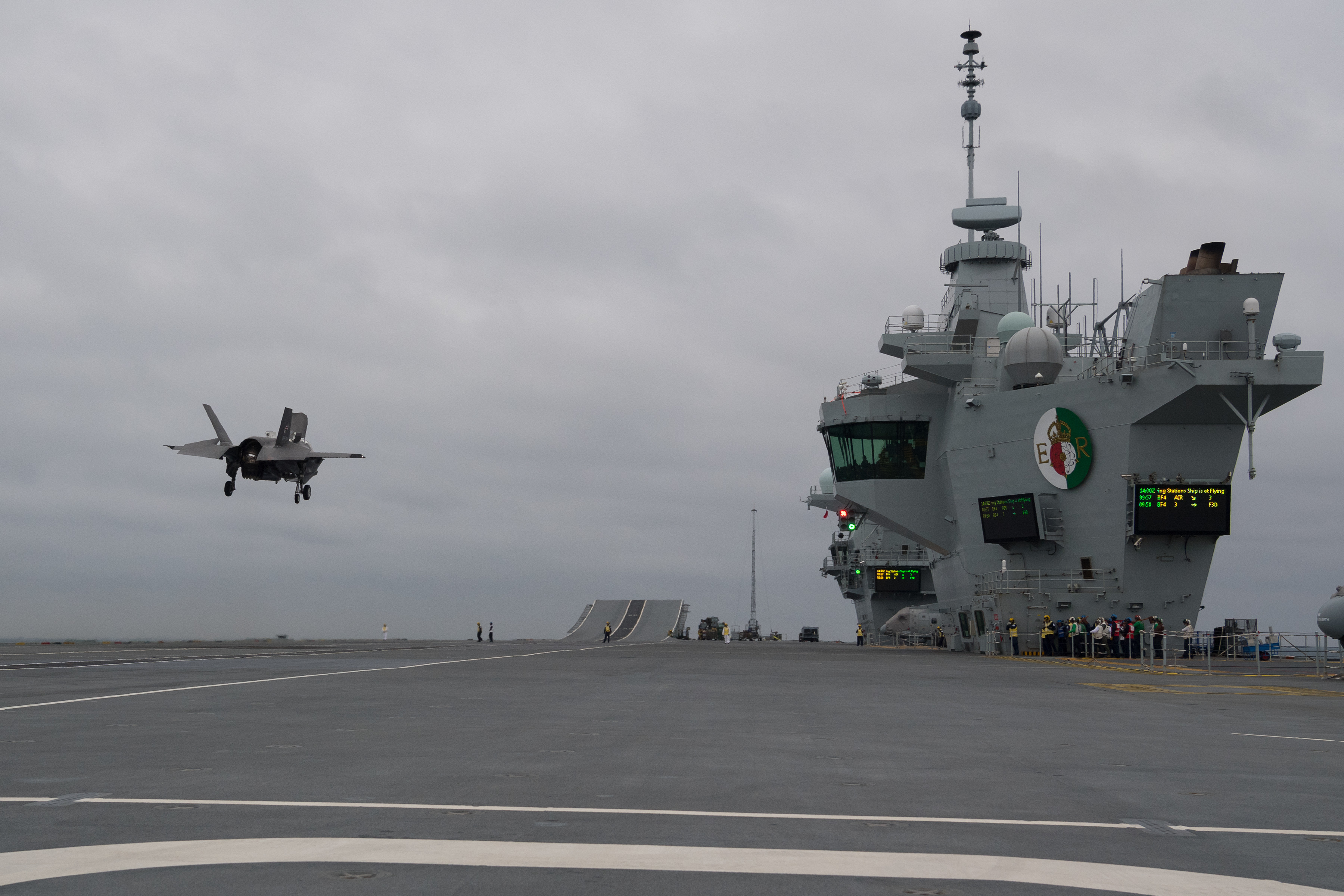 An F-35B prepares to land aboard HMS Queen Elizabeth