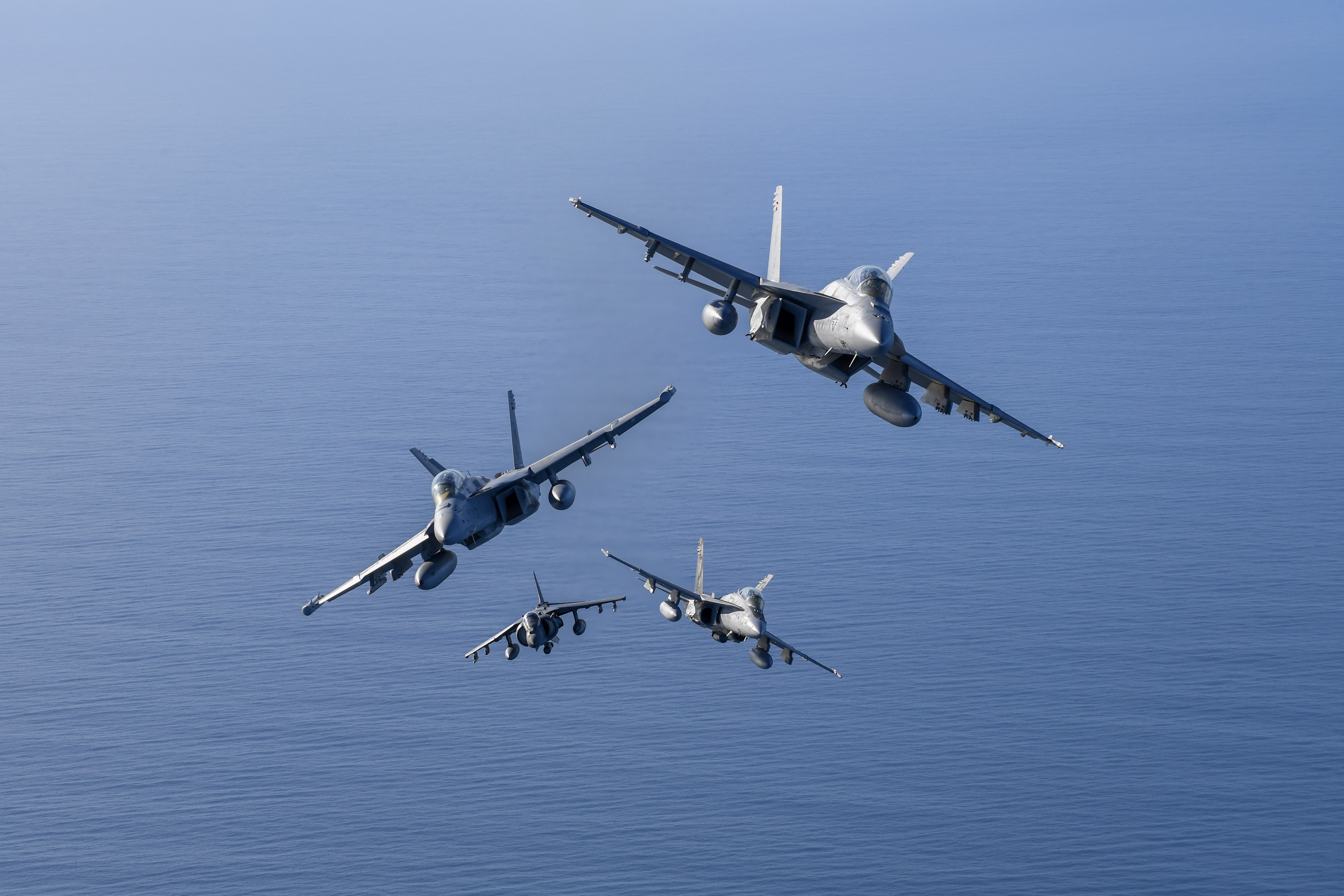 EA-18G, AV-8B Harrier II+, and F/A-18E formation