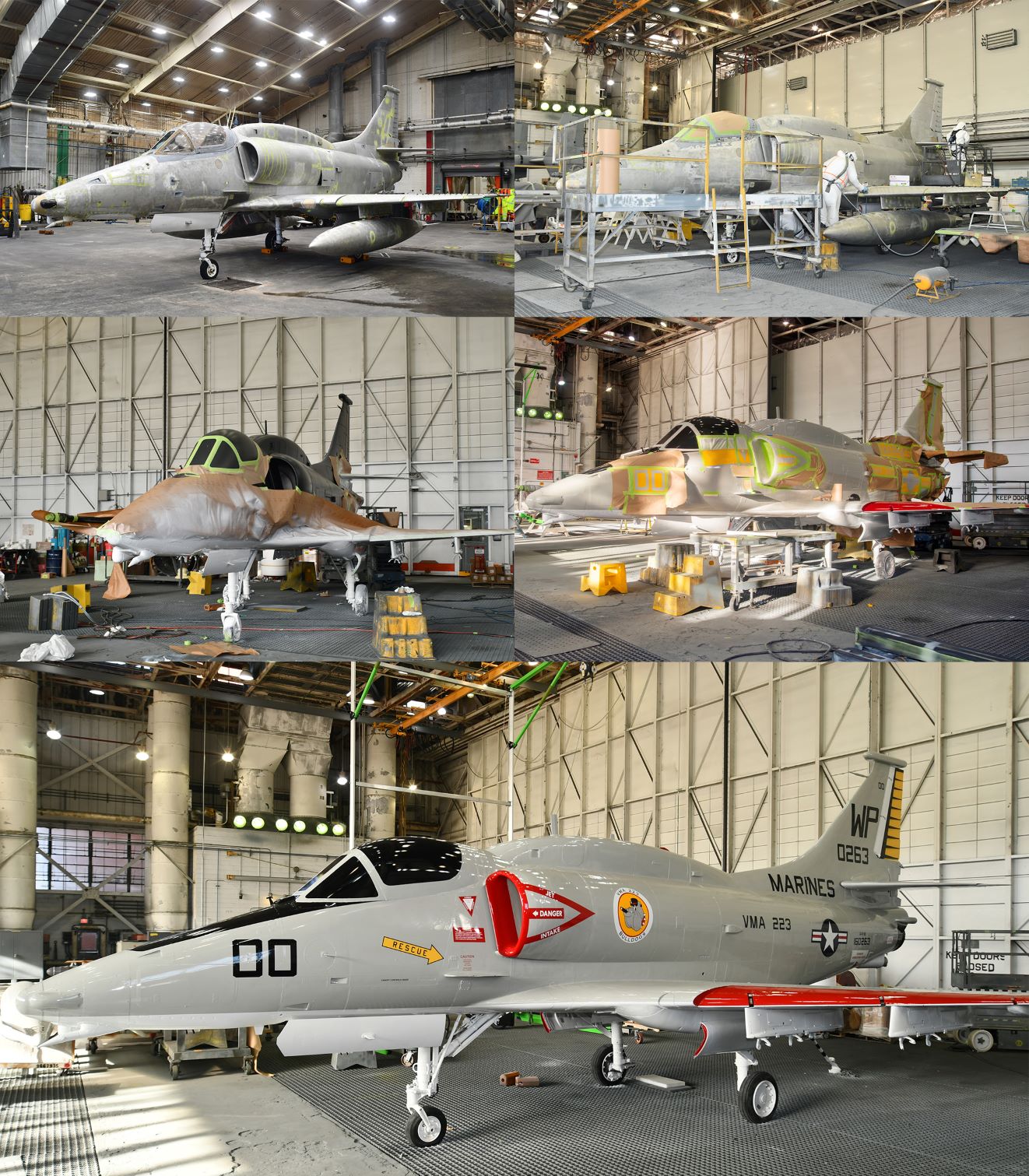 Collage of 5 photos of the aircraft throughout the refinishing process 