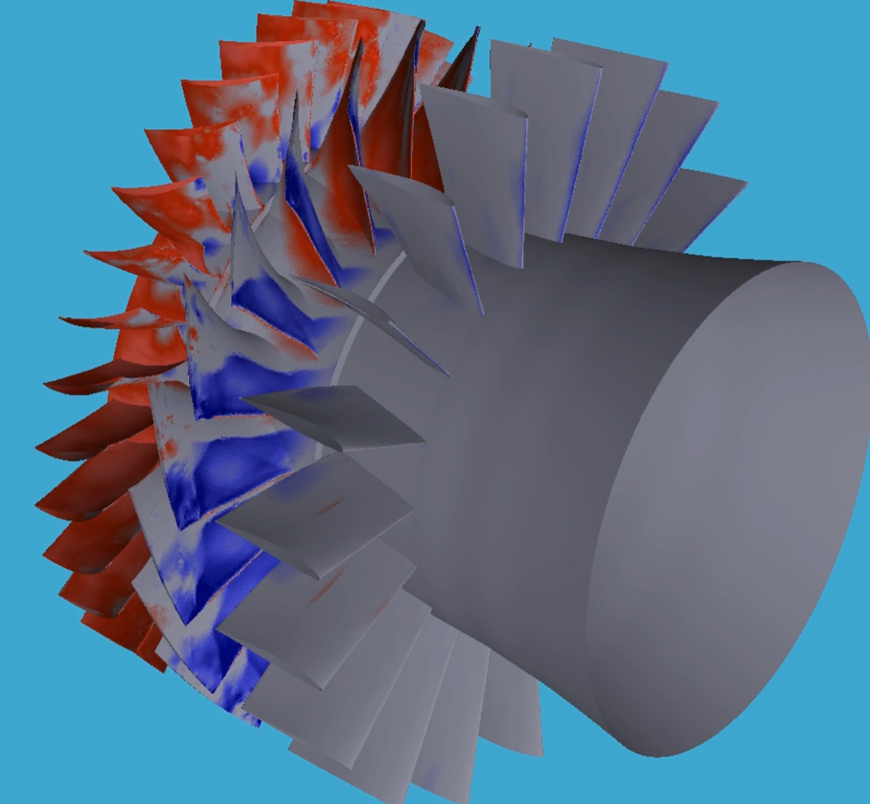 A simulation of an aircraft engine undergoing testing using modeling simulation on a computer.