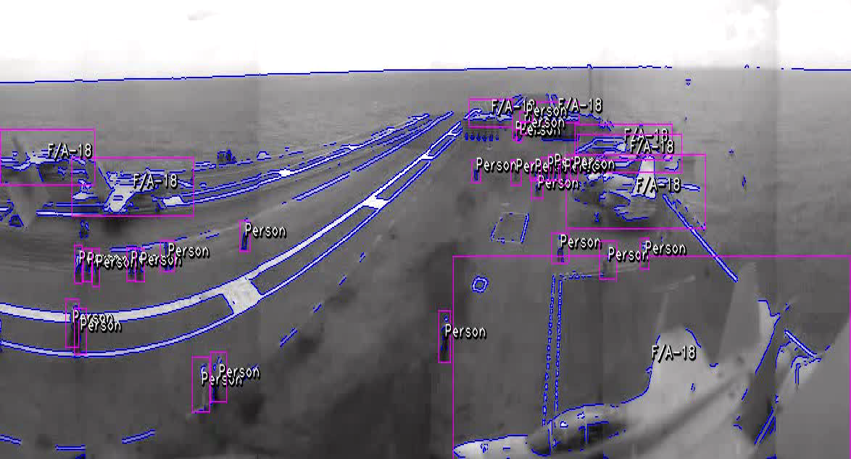 camera view of an aircraft carrier flight deck