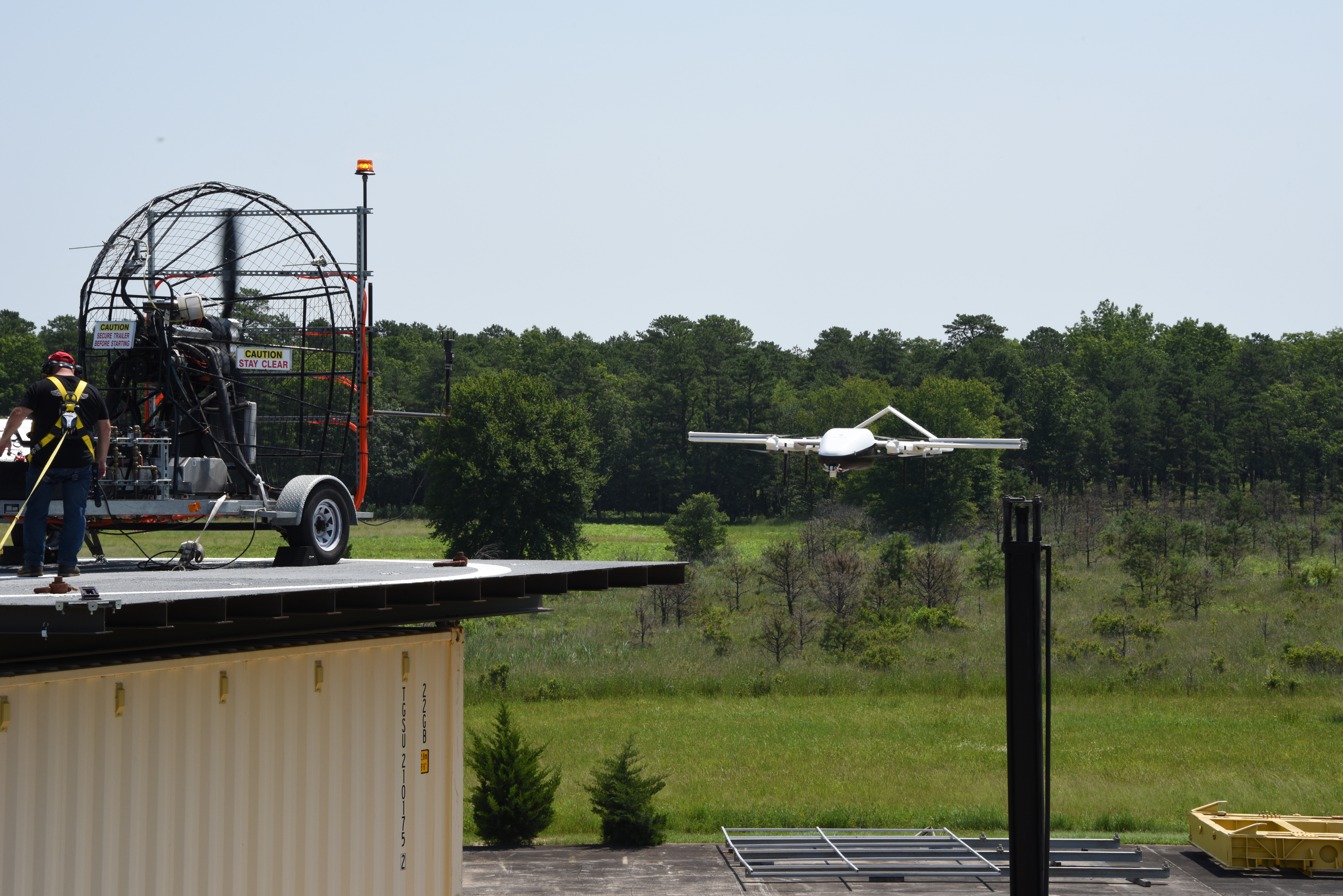 A wind test is conducted at the Naval Air Warfare Center Aircraft Division Lakehurst Ship Motion Platform