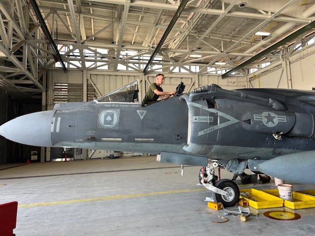 Marine works on an AV-8B Harrier II+