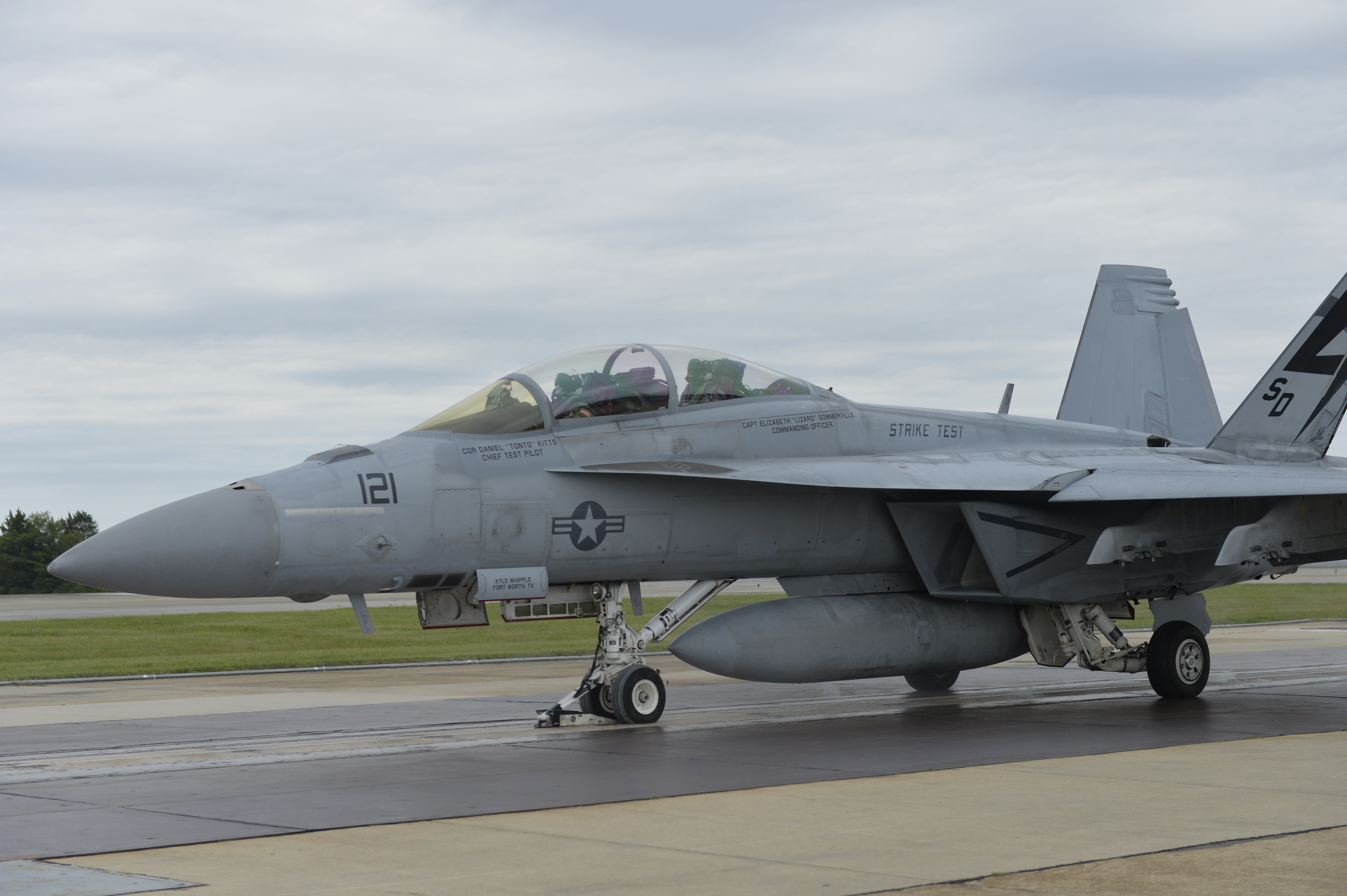 An F/A-18 taxis on the flight line at Air Test and Evaluation Squadron (VX) 23 in Patuxent River, Maryland.