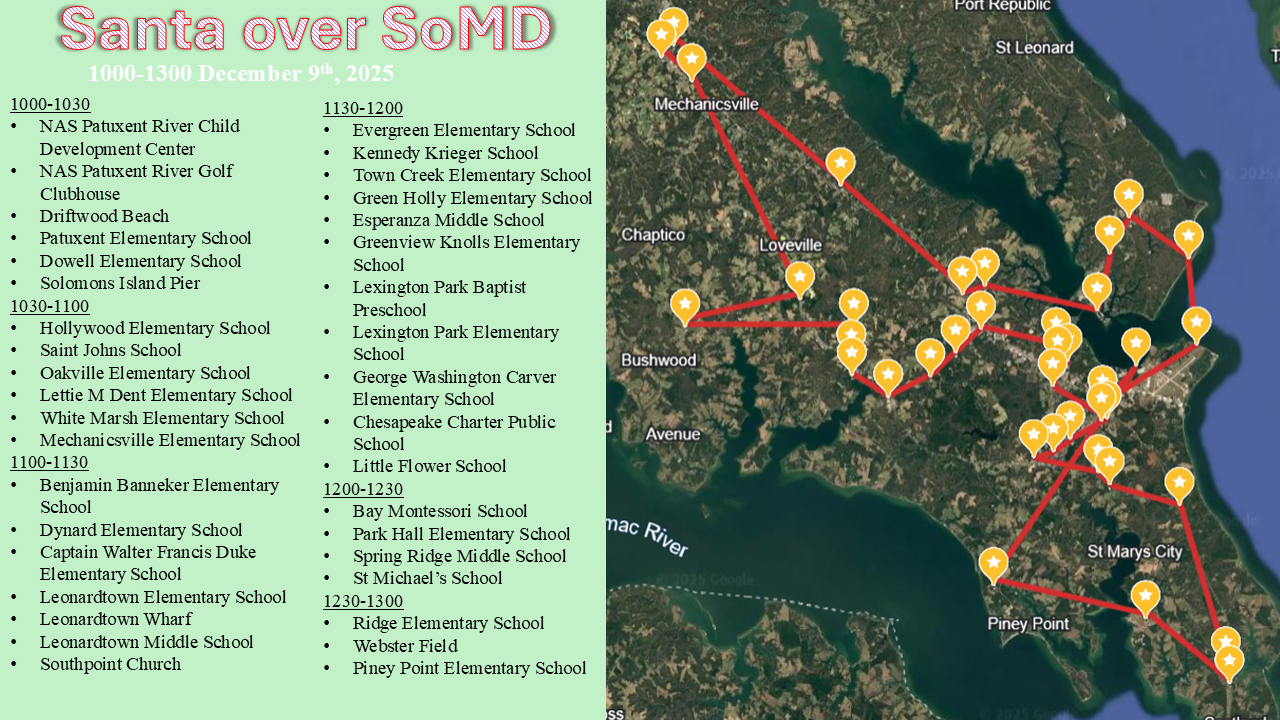 A map depicts the Santa Over Southern Maryland flight route.