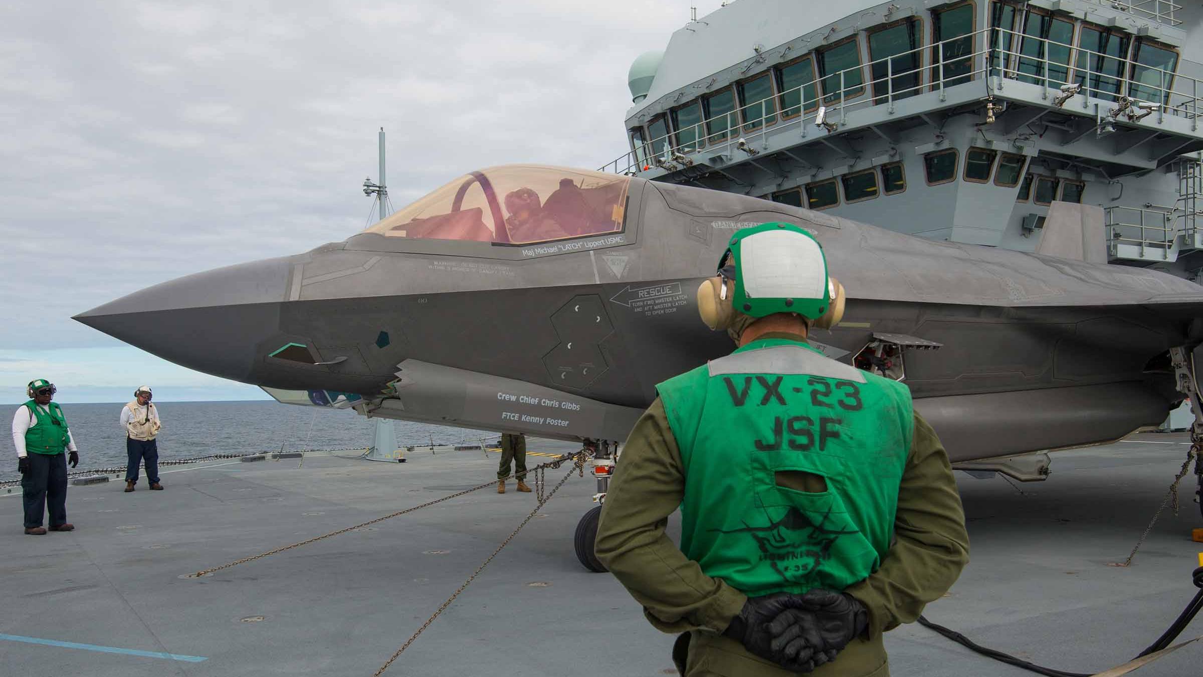 The F-35 Pax River Integrated Test Force embarked on HMS Queen Elizabeth (R08), September through November, to carry out phases one and two of first of class flight trials (fixed wing) testing. US Navy photo