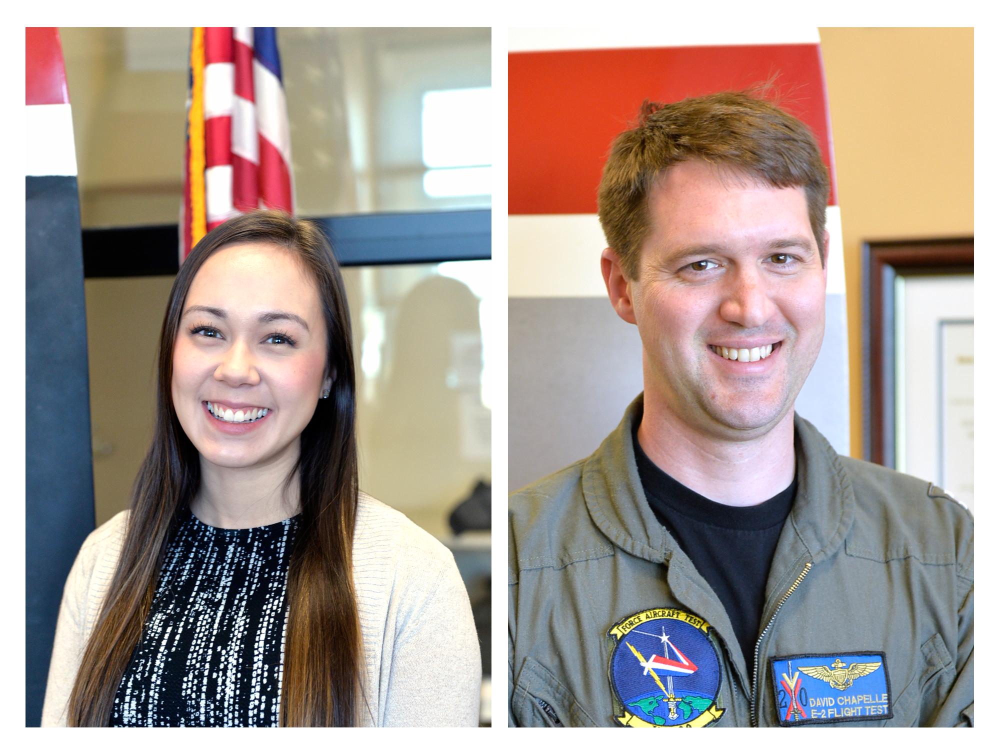 VX-20 team lead Audrey Keller, left, and lead project officer Lt. David “Sling Blade” Chapelle shared the honors with the other members of the E-2D Aerial Refueling Integrated Test Team, which received a NAWCAD Commander’s Team Award for 2019.