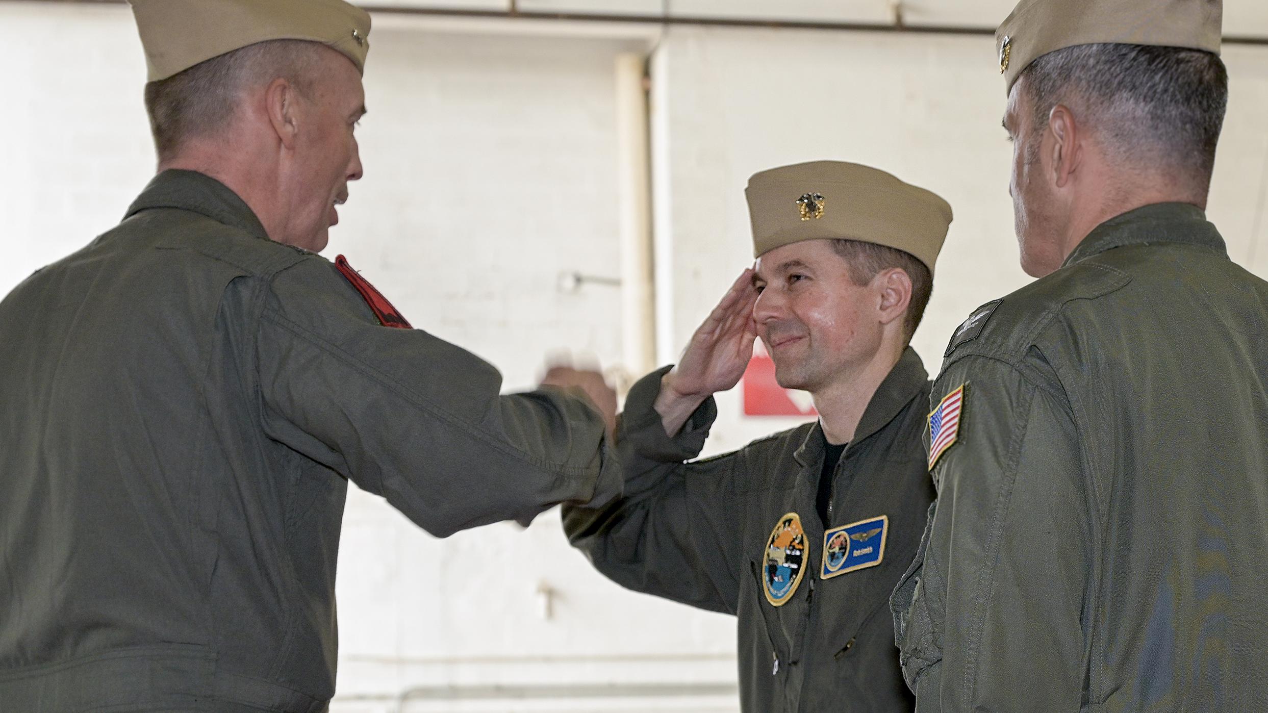 Rear Adm. Joseph Hornbuckle, Capt. Rob Smith, Capt. Jarrod Hair at PMA-209 change of command ceremony