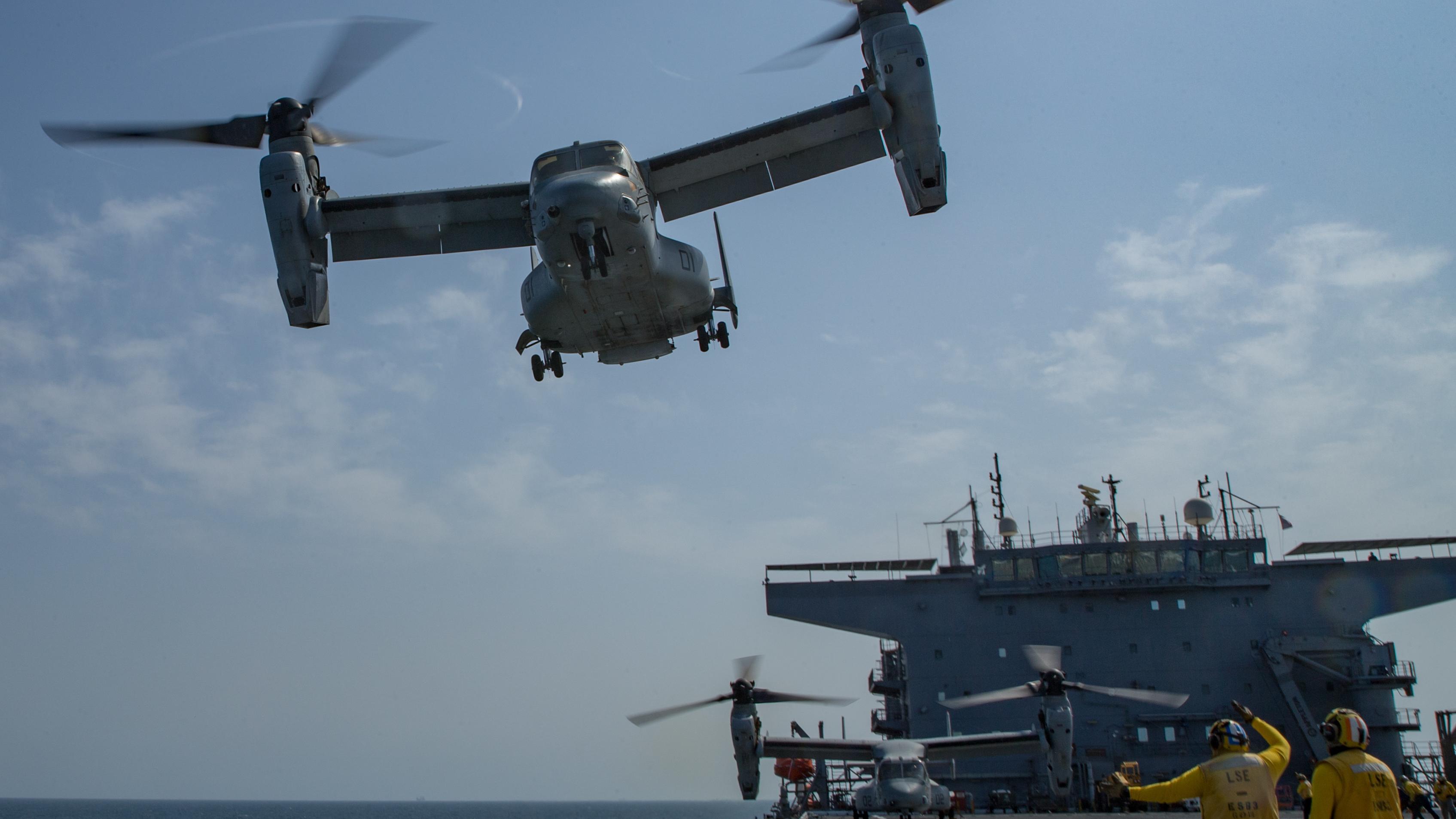 MV-22 Osprey takes off from the flight deck of expeditionary sea base USS Lewis B. Puller