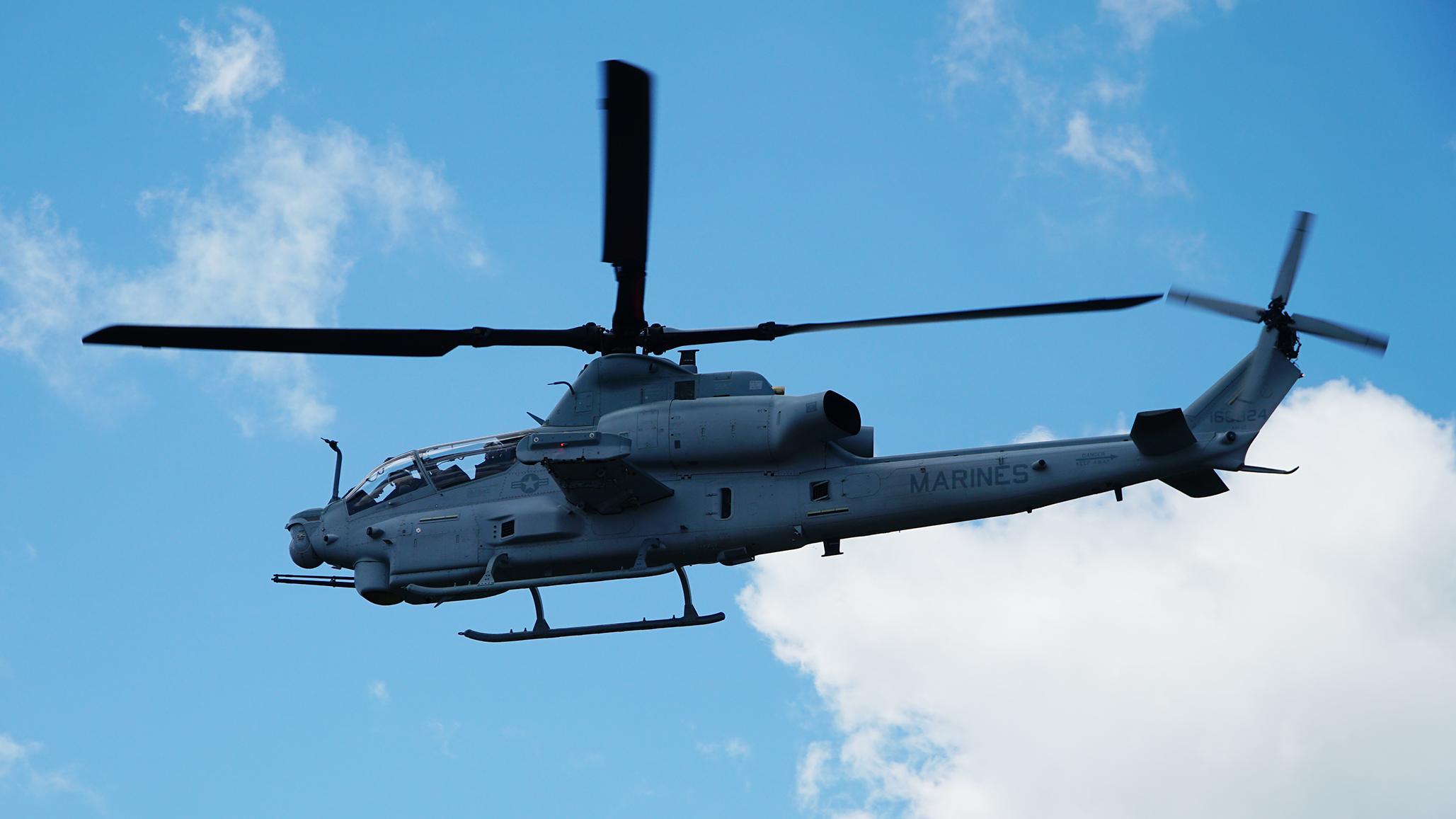 An AH-1Z Viper assigned to Air Test and Evaluation Squadron (HX) 21 takes off from Naval Air Station Patuxent River.