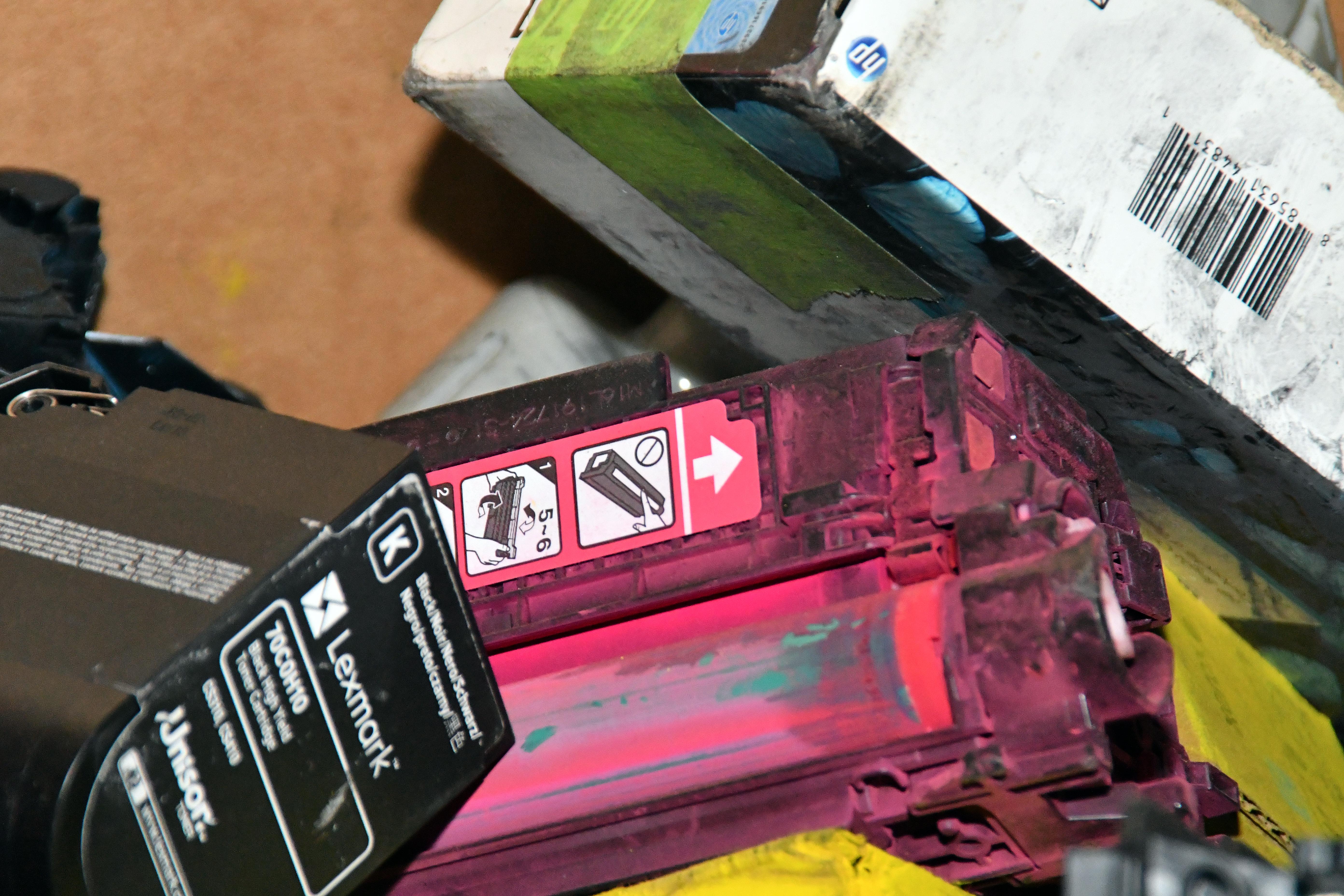 Printer cartridges await recycling after being separated in a bin at Fleet Readiness Center East (FRCE). Aggressive recycling policies at the depot aided the FRCE in increasing its landfill diversion rate to 61% in 2021. This means that 61% of the solid waste generated at FRCE was put toward renewable resources, including recycling. 