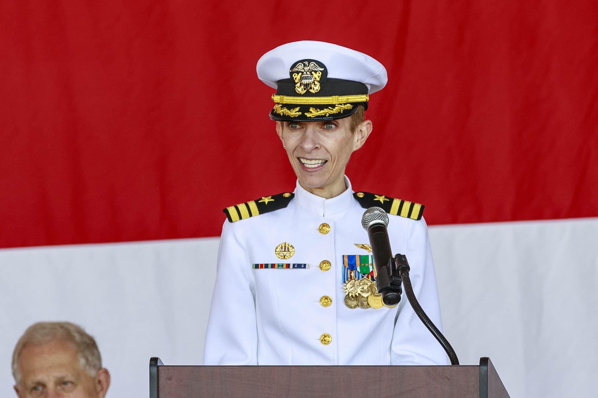 Cmdr. Colette Lazenka addresses the audience after taking command of Air Test and Evaluation Squadron (VX) 30 in Point Mugu, California, on May 12. (U.S. navy photo by Rob Grabendike)