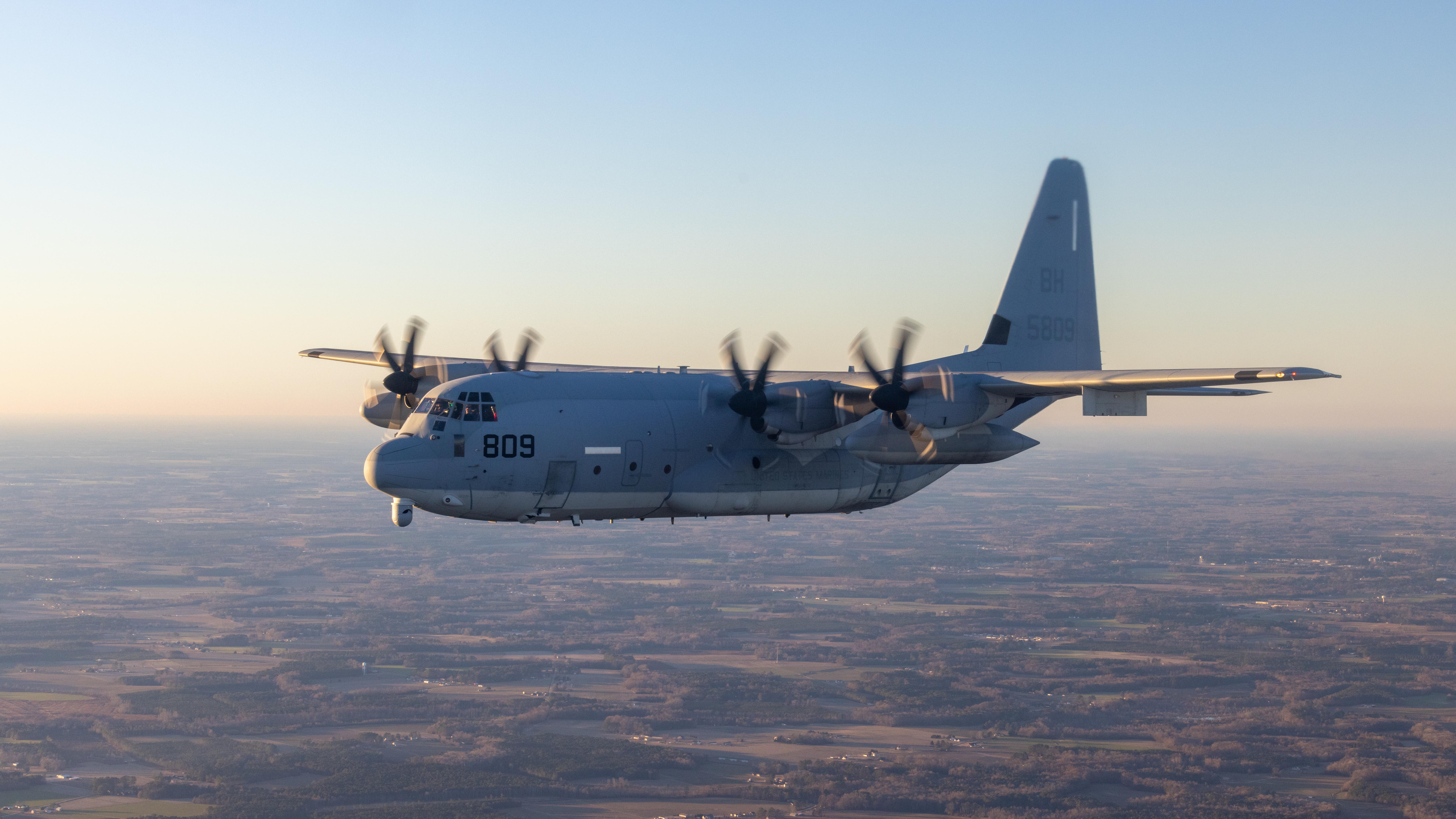 Side angle view of a KC-130J Super Hercules as it flies over Virginia