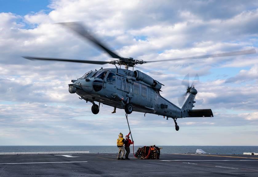 MH-60S Sea Hawk helicopter landing on USS Wasp May 2023