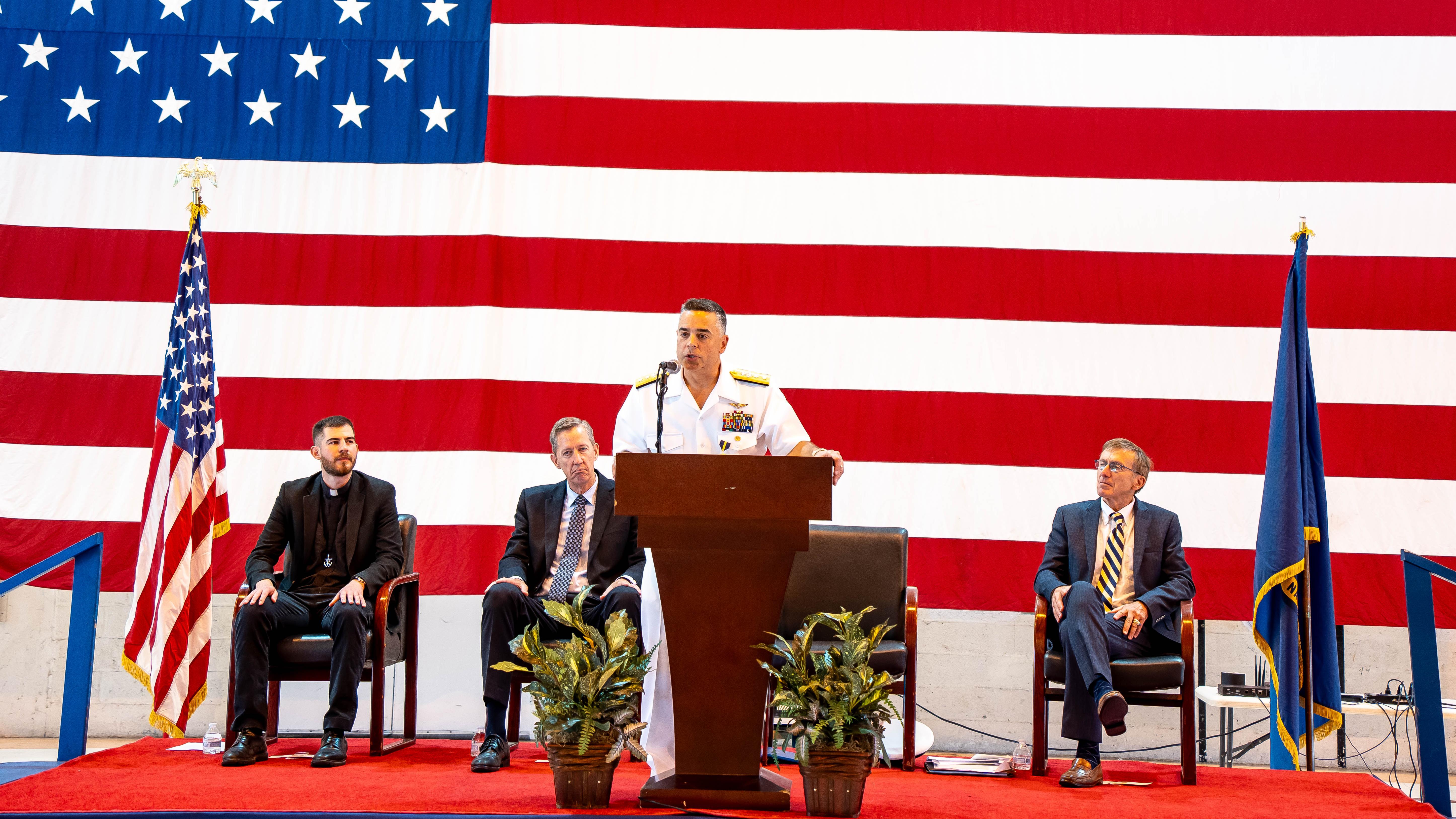 Rear Adm. John Lemmon provides remarks at his retirement ceremony