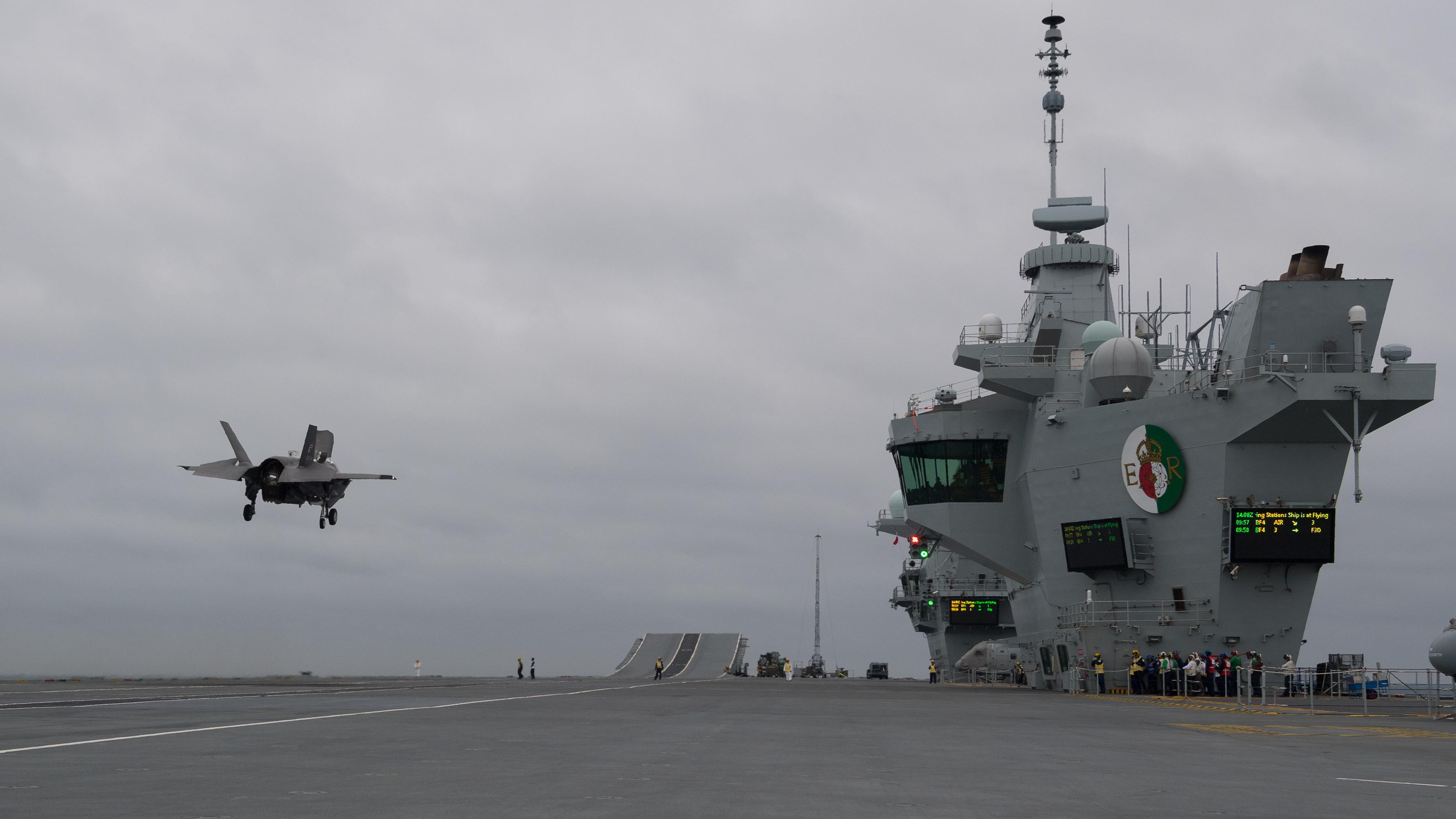 An F-35B prepares to land aboard HMS Queen Elizabeth