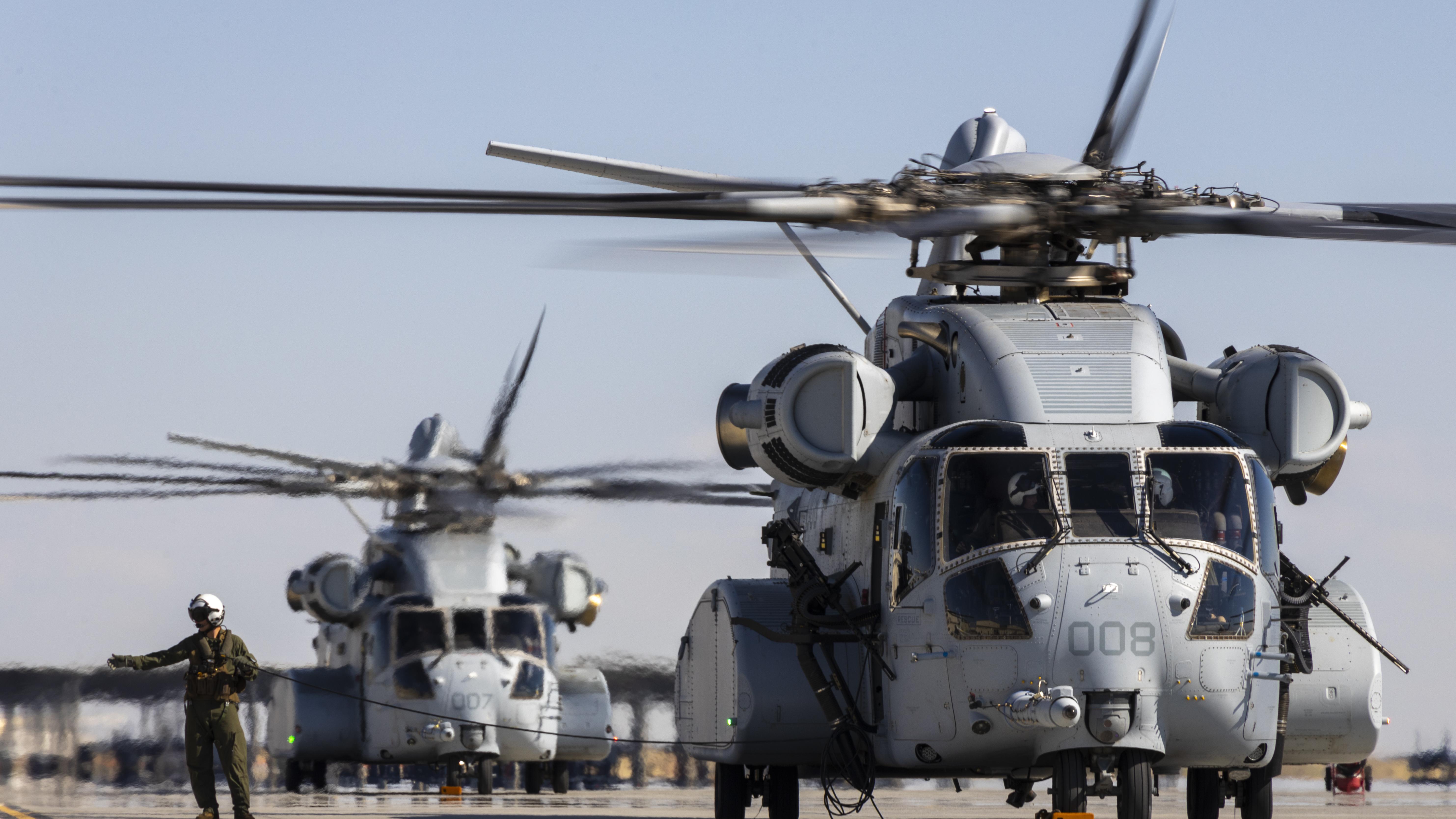 Two CH-53K aircraft on flight line