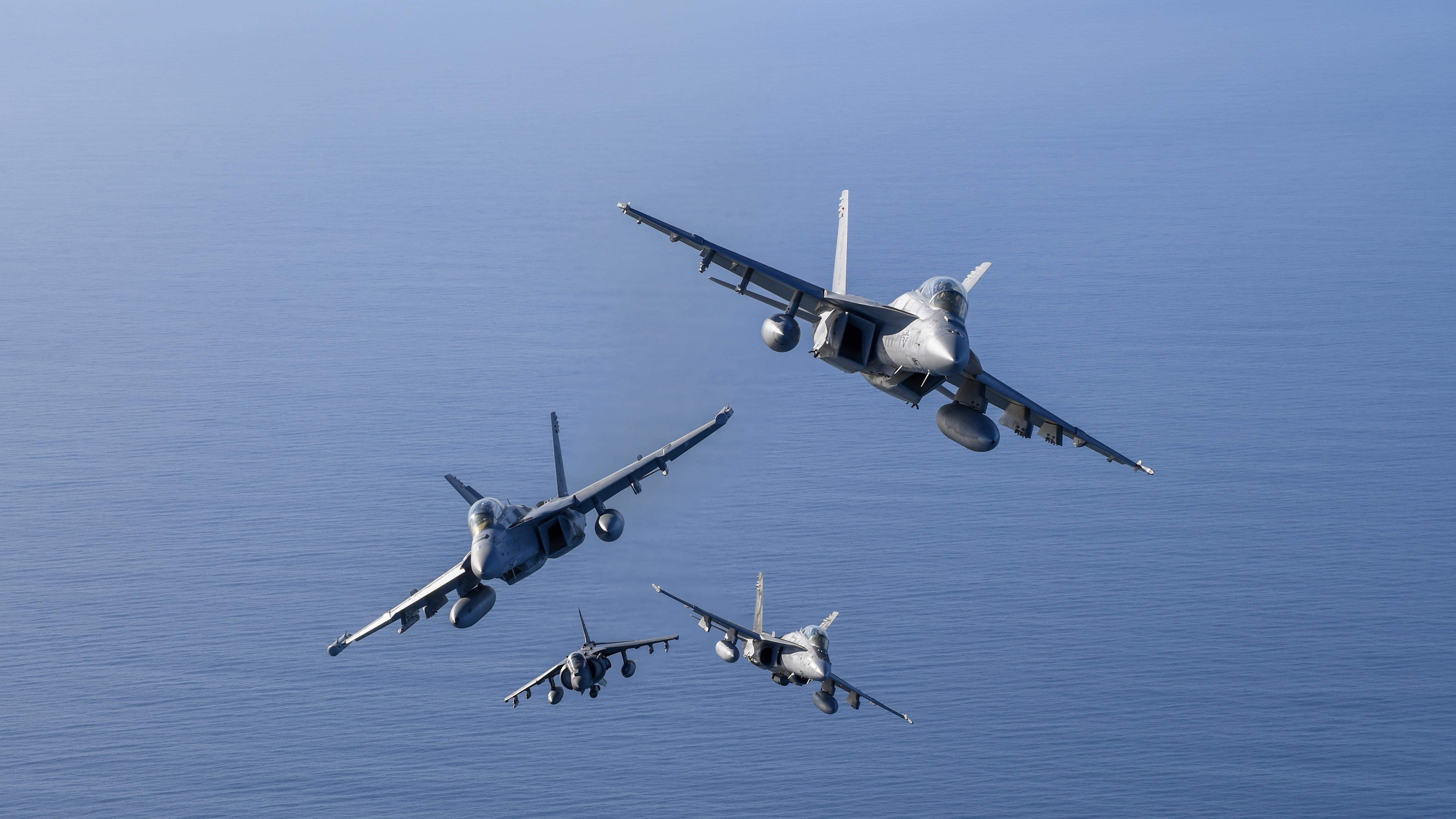 EA-18G, AV-8B Harrier II+, and F/A-18E formation