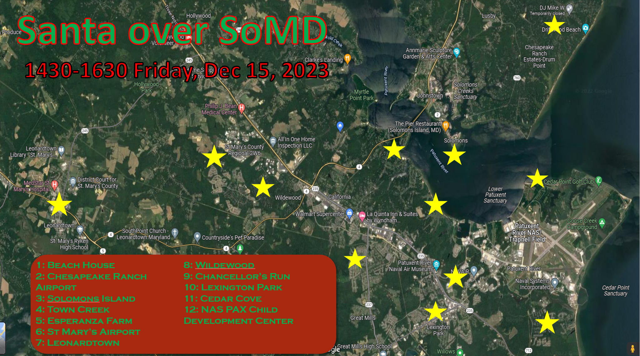 A map of southern Maryland depicts Adm. Santa Claus' flight plan.