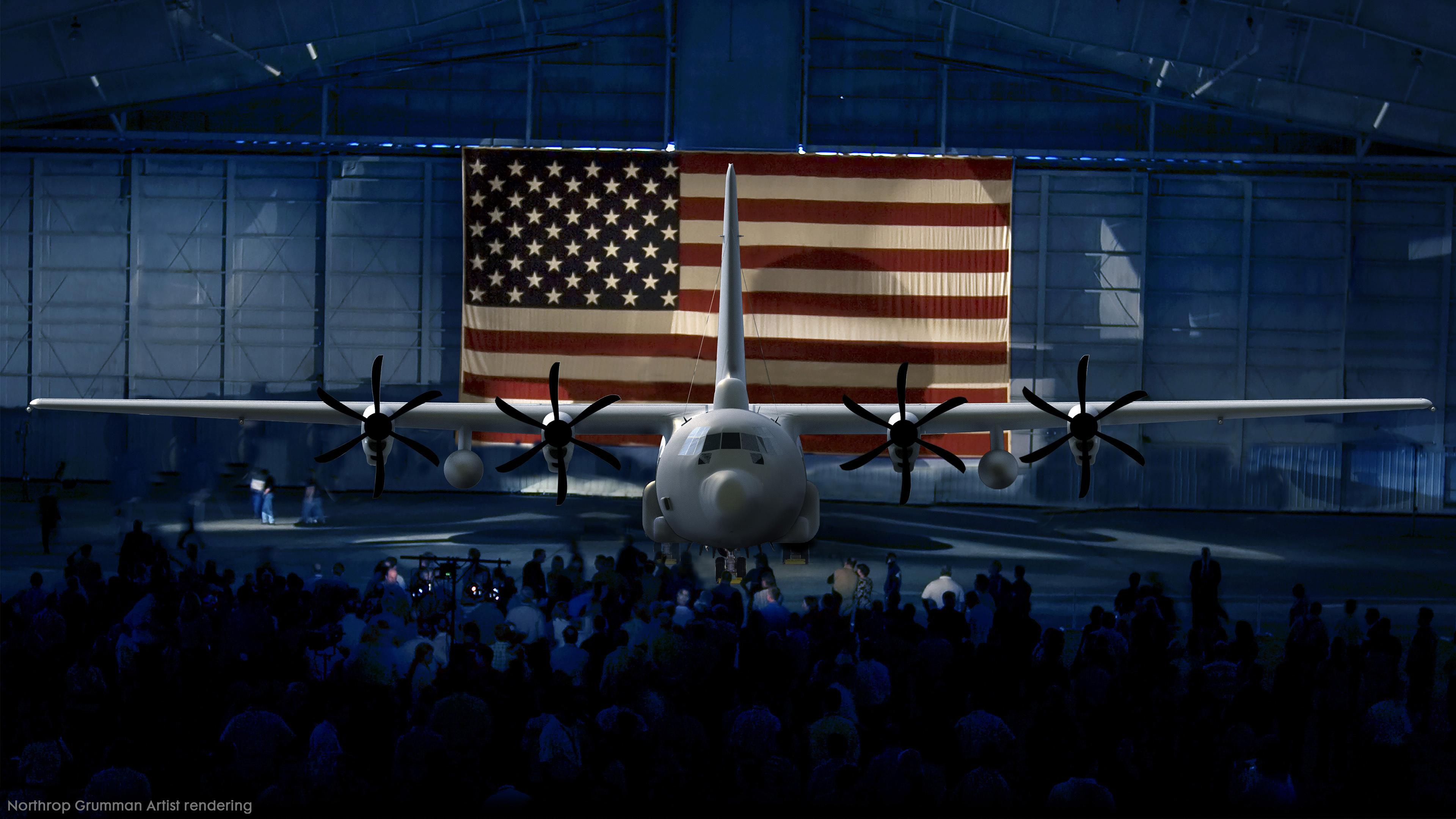 Artist rendering of a four propeller airplane in front of the USA flag in a hanger